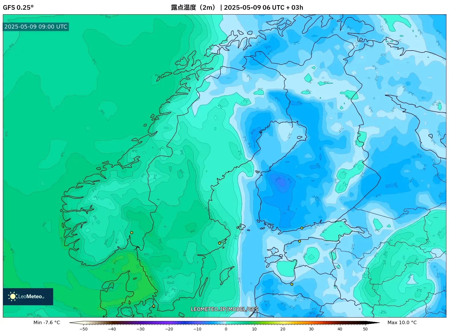 GFS - スカンジナビア, 露点温度(2m) GFS - スカンジナビア, 露点温度(2m)