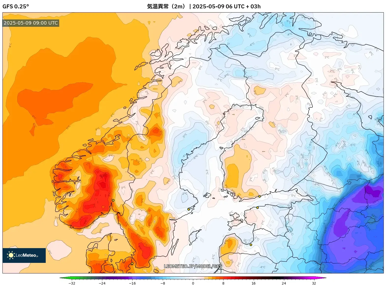 GFS - スカンジナビア, 気温異常(2m) GFS - スカンジナビア, 気温異常(2m)