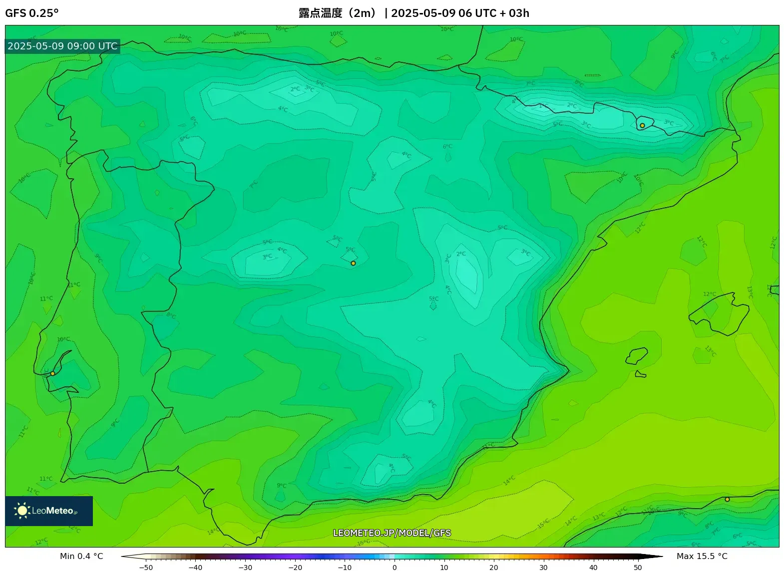 GFS - スペイン, 露点温度(2m) GFS - スペイン, 露点温度(2m)