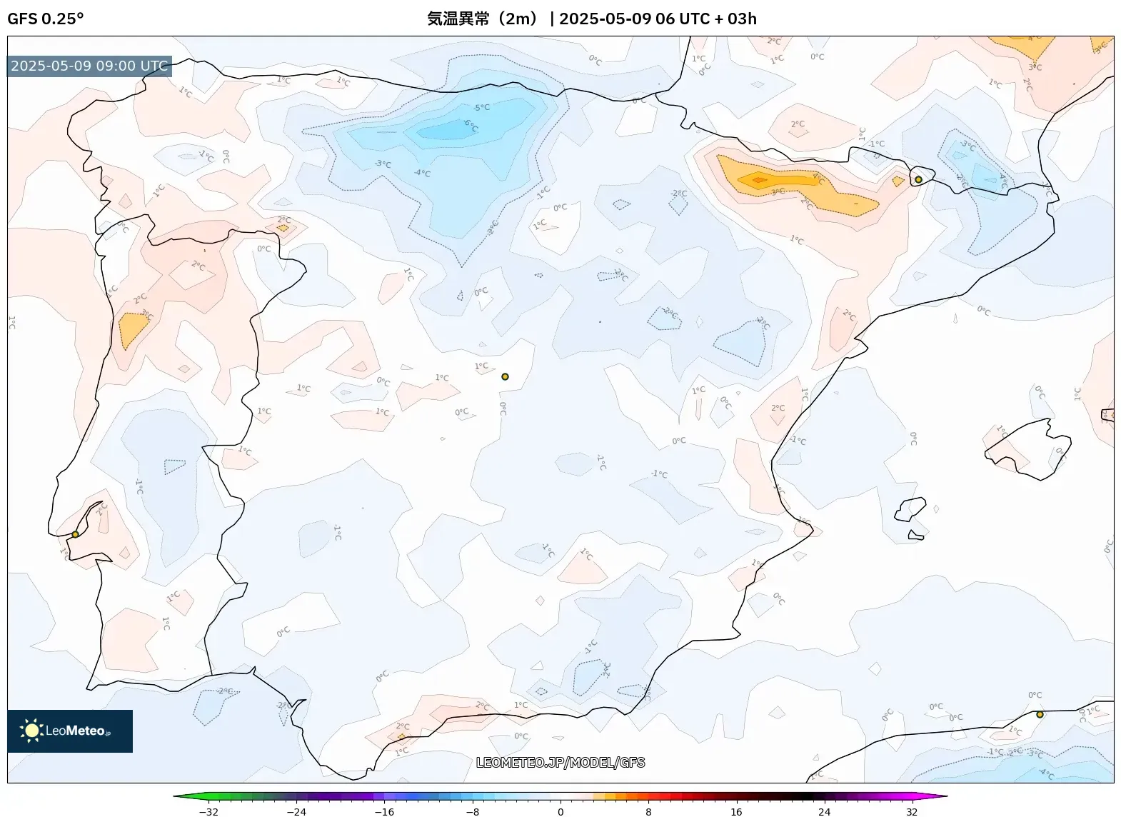 GFS - スペイン, 気温異常(2m) GFS - スペイン, 気温異常(2m)