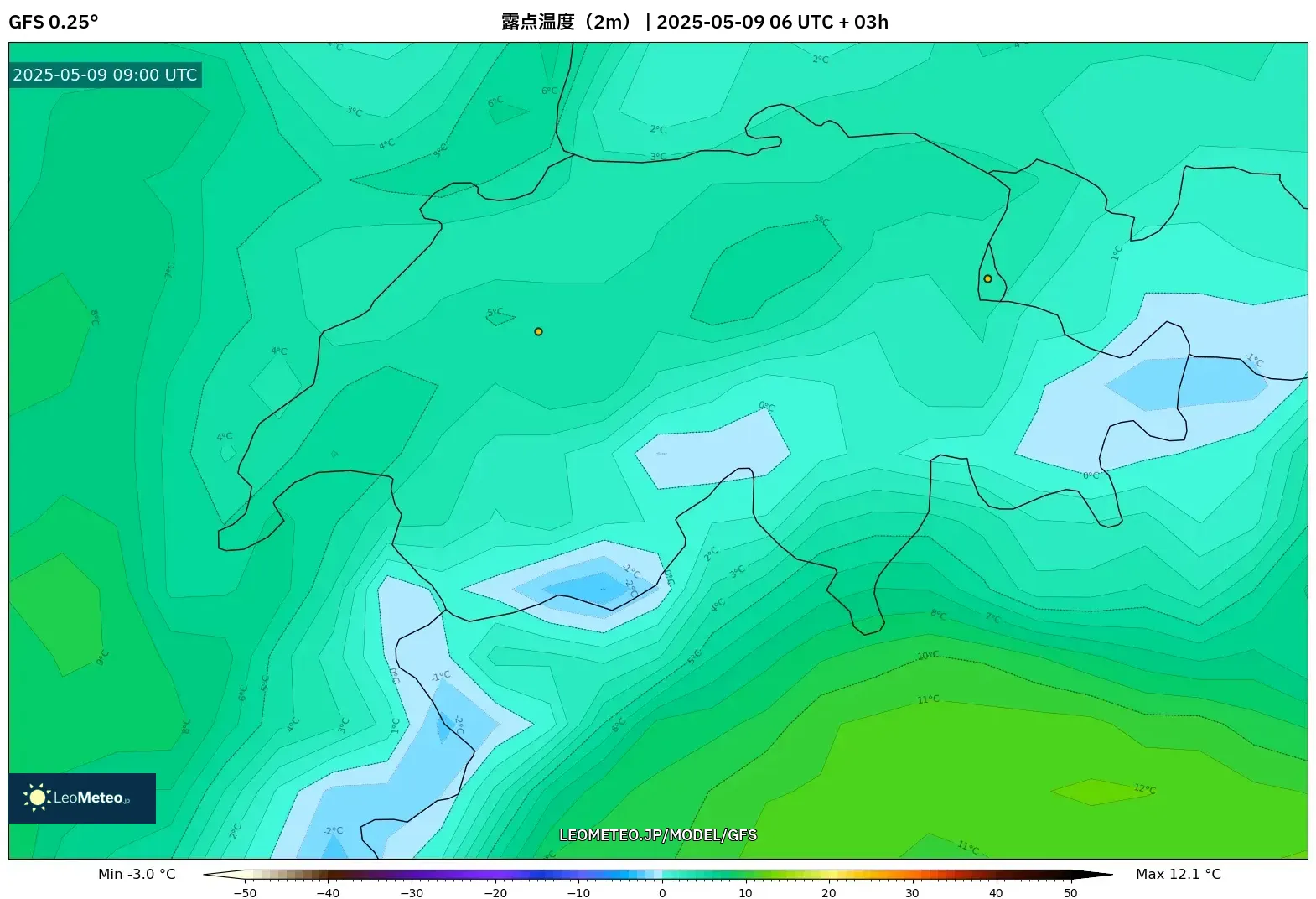 GFS - スイス, 露点温度(2m) GFS - スイス, 露点温度(2m)