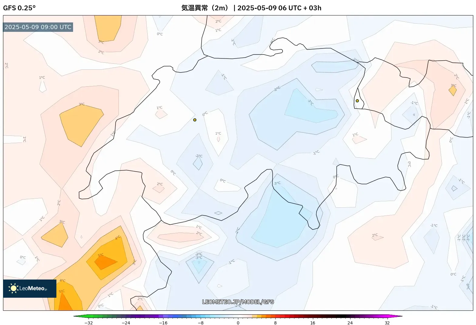 GFS - スイス, 気温異常(2m) GFS - スイス, 気温異常(2m)