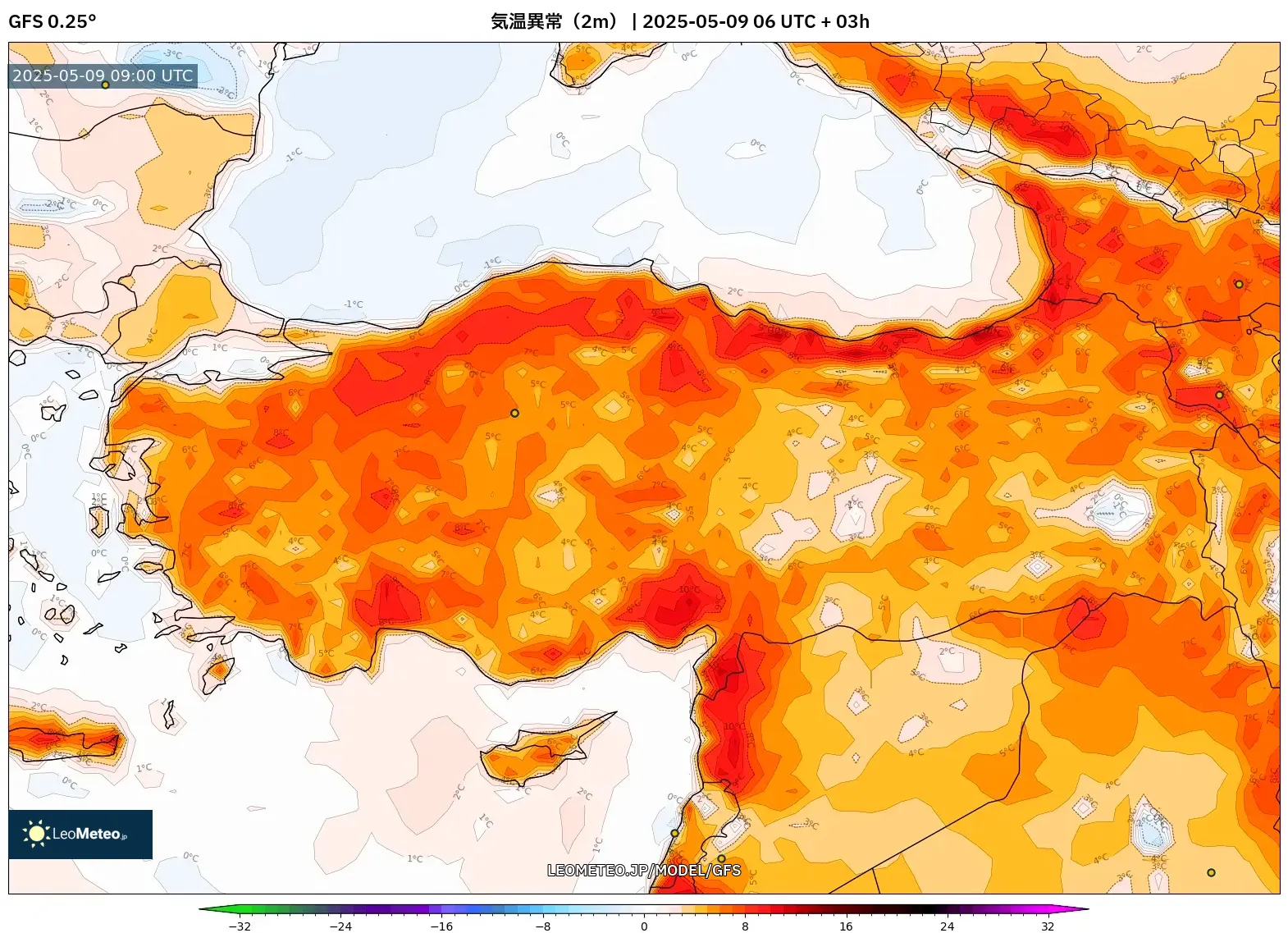 GFS - トルコ, 気温異常(2m) GFS - トルコ, 気温異常(2m)