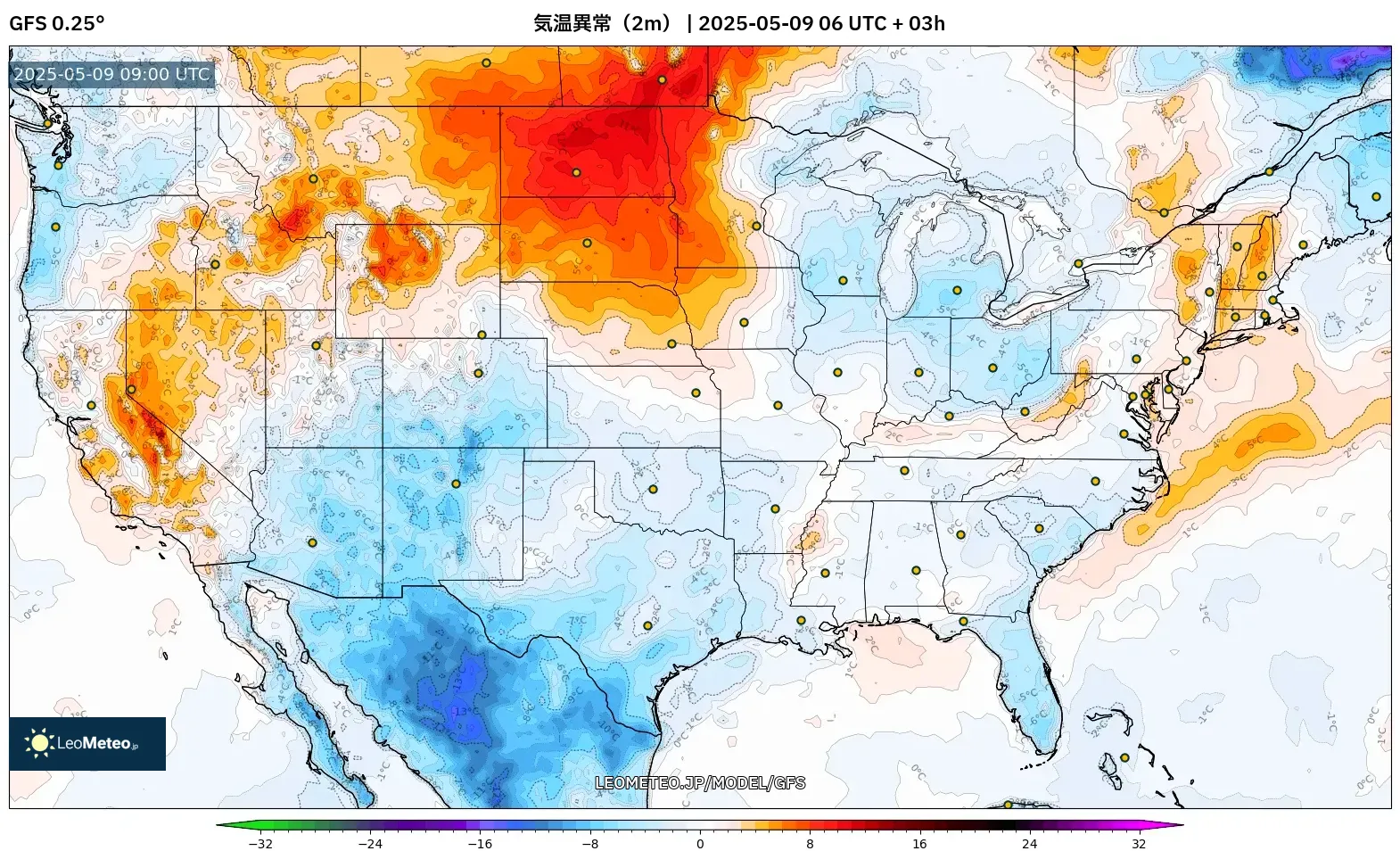 GFS - アメリカ合衆国, 気温異常(2m) GFS - アメリカ合衆国, 気温異常(2m)