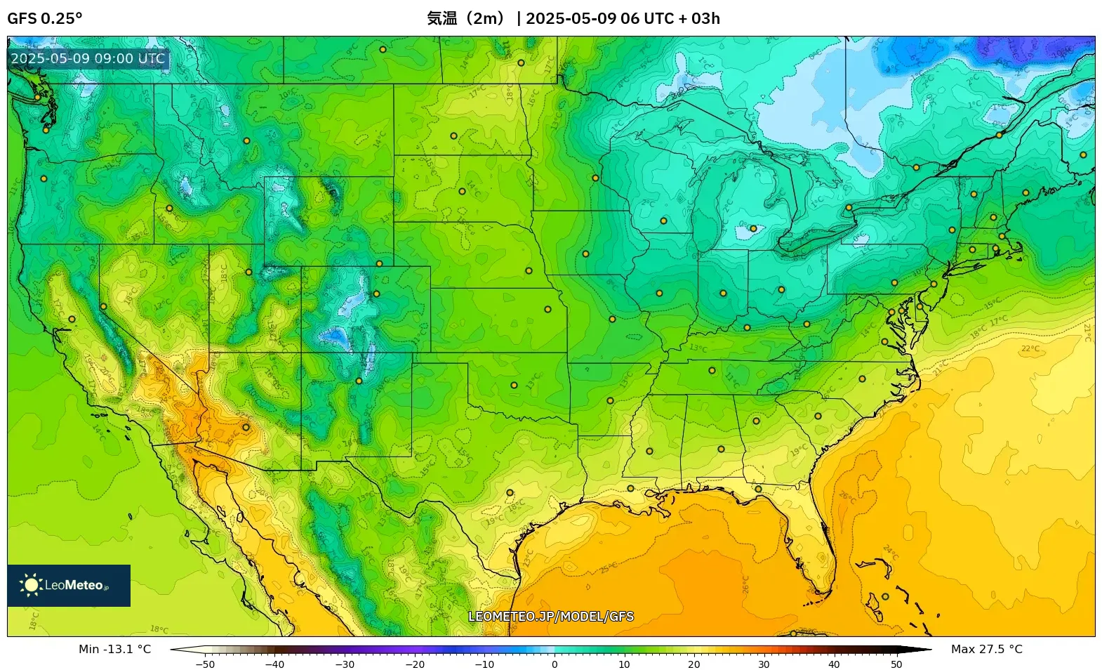GFS - アメリカ合衆国, 気温(2m) GFS - アメリカ合衆国, 気温(2m)