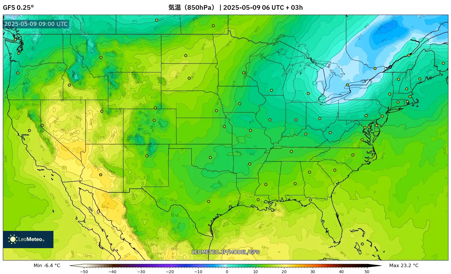 GFS - アメリカ合衆国, 気温(850hPa) GFS - アメリカ合衆国, 気温(850hPa)