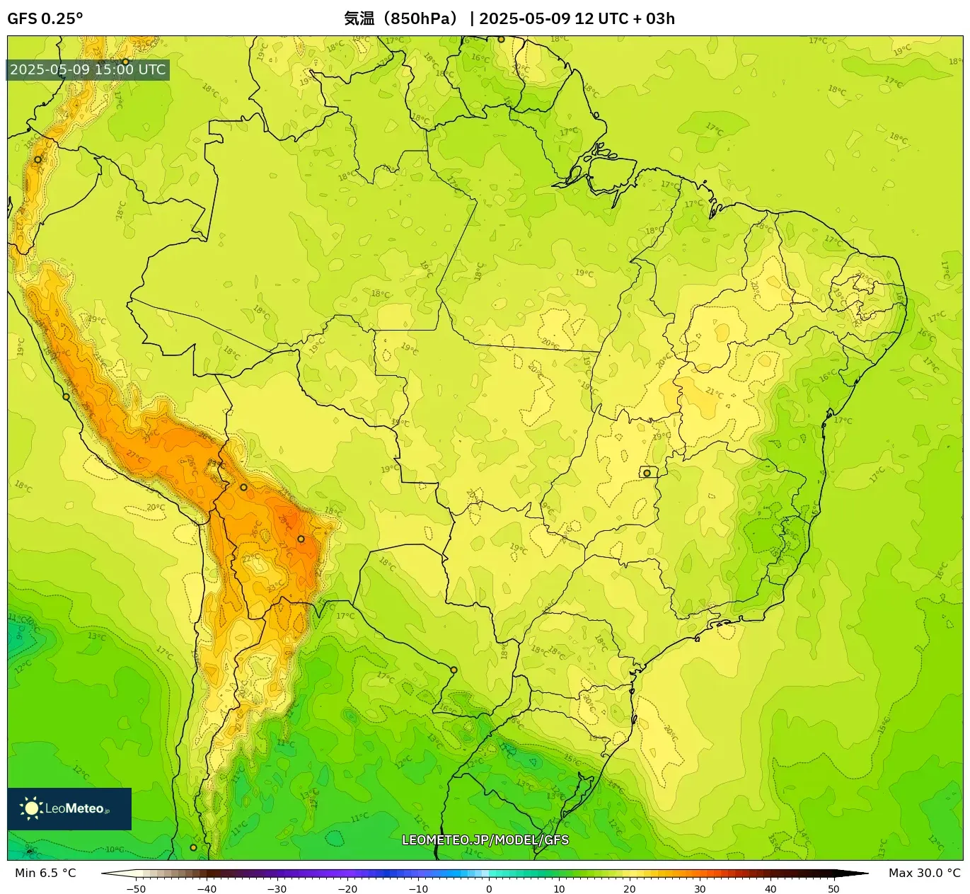 GFS - ブラジル, 気温(850hPa) GFS - ブラジル, 気温(850hPa)
