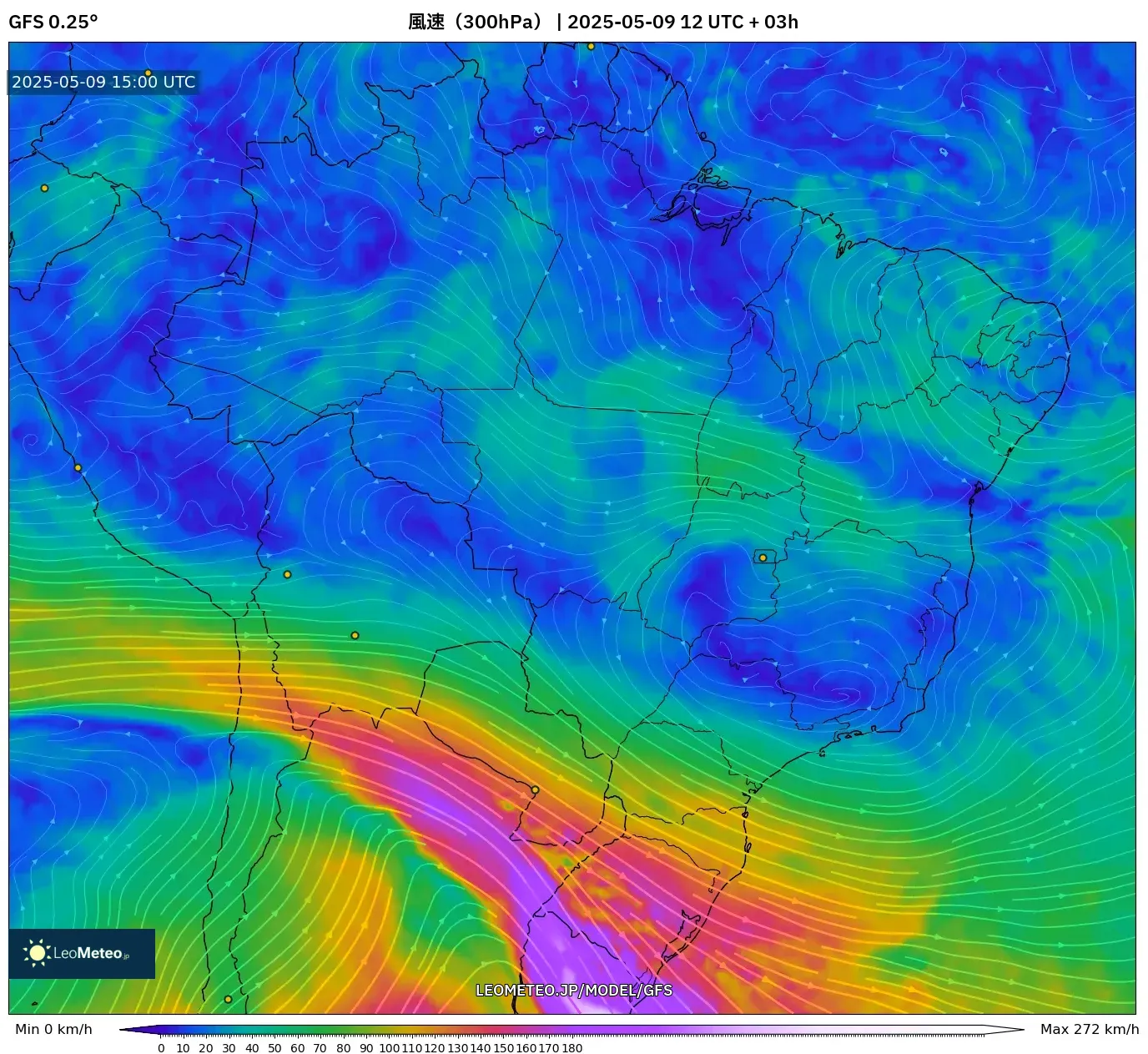 GFS - ブラジル, 風速(300hPa) GFS - ブラジル, 風速(300hPa)