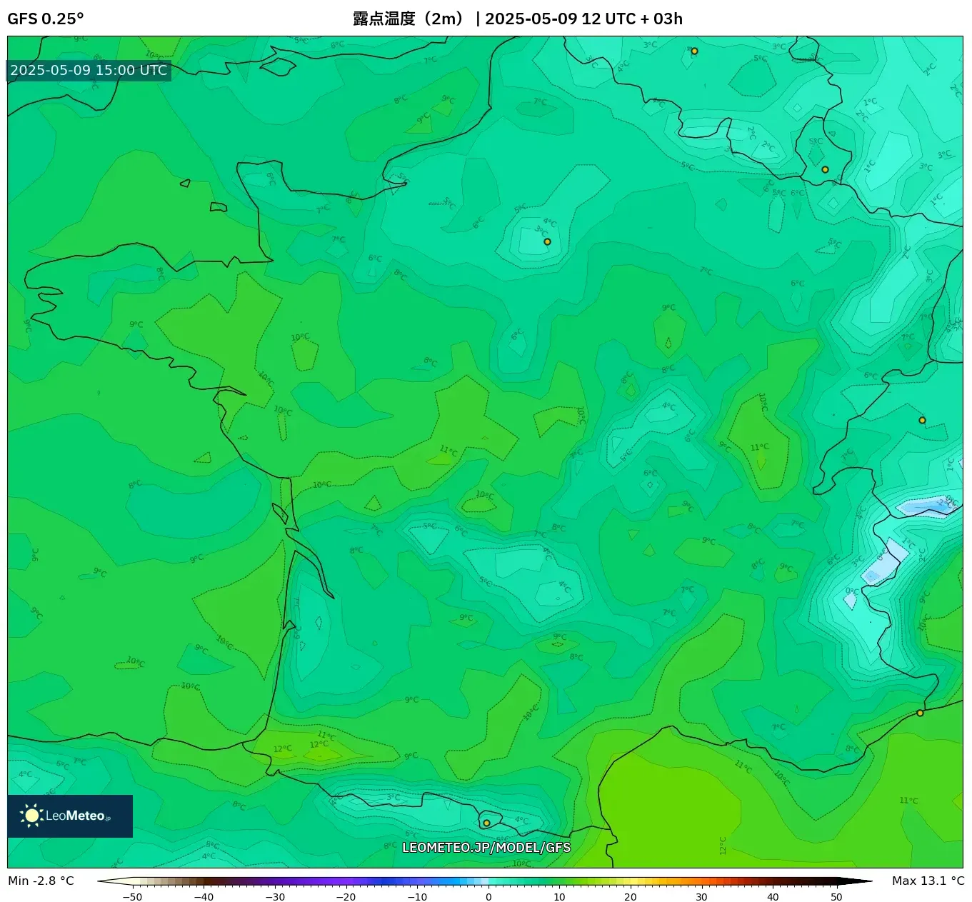GFS - フランス, 露点温度(2m) GFS - フランス, 露点温度(2m)