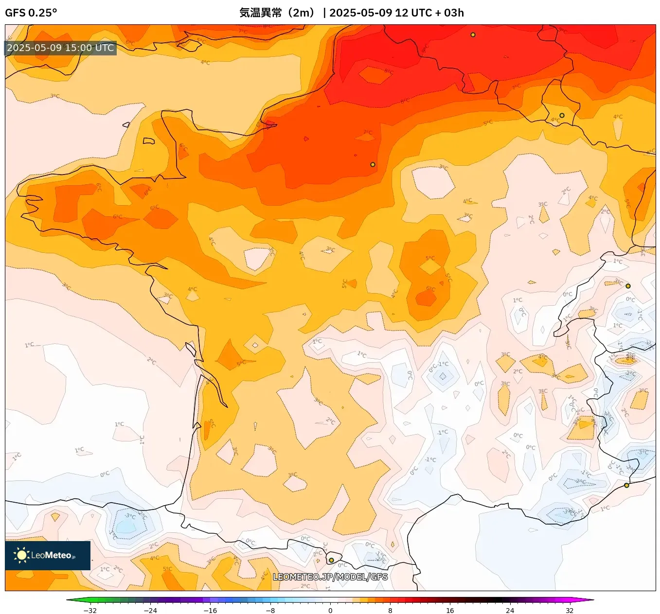 GFS - フランス, 気温異常(2m) GFS - フランス, 気温異常(2m)