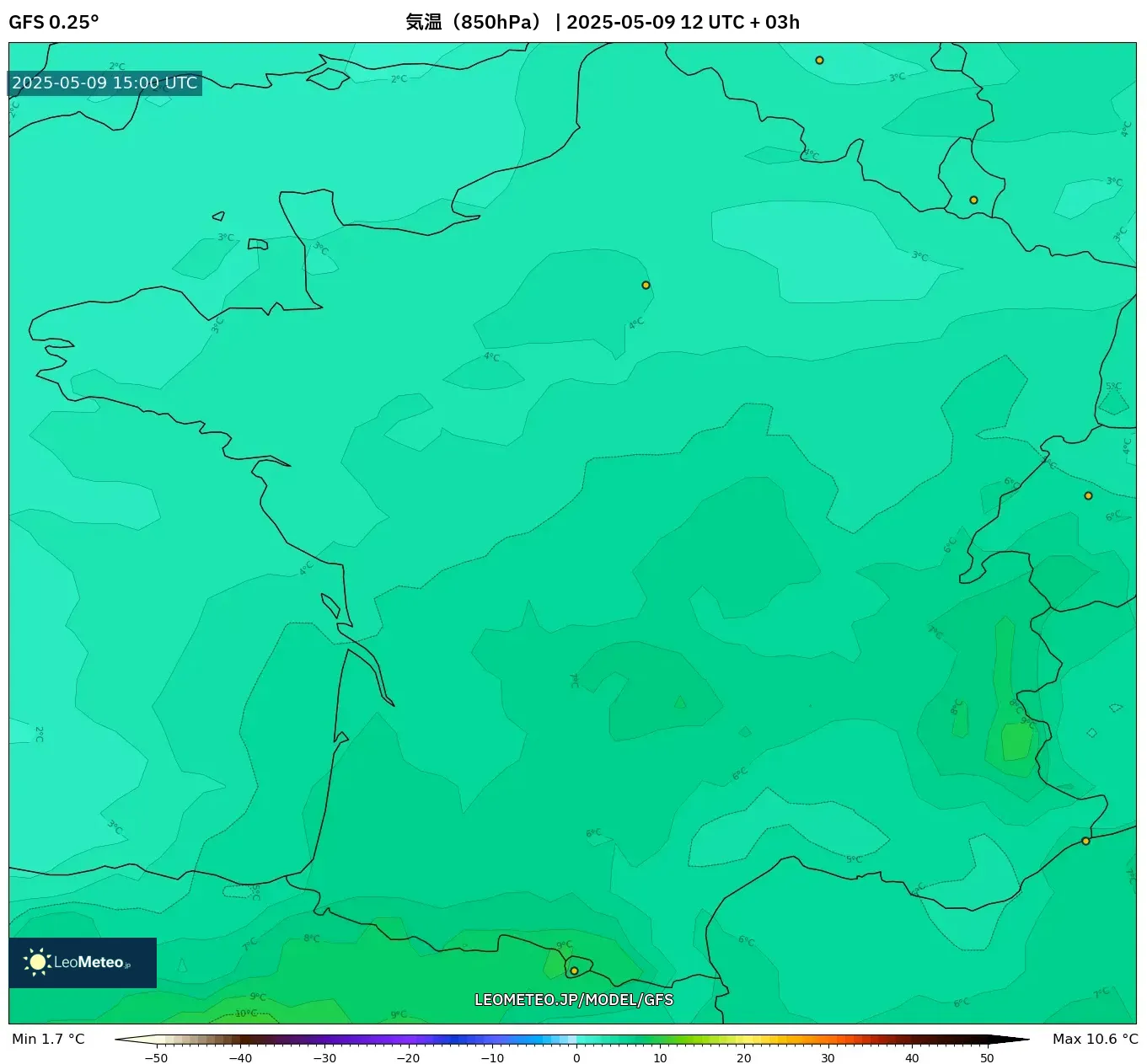 GFS - フランス, 気温(850hPa) GFS - フランス, 気温(850hPa)