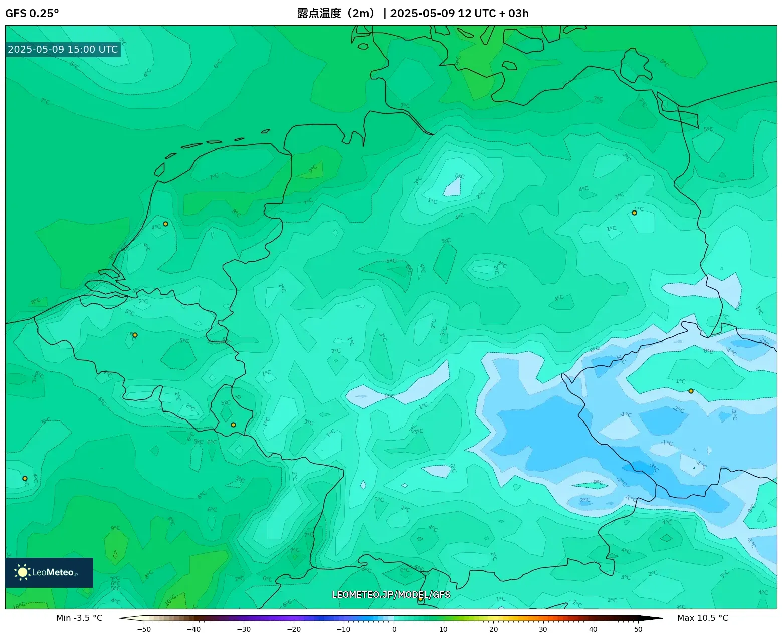GFS - ドイツ, 露点温度(2m) GFS - ドイツ, 露点温度(2m)