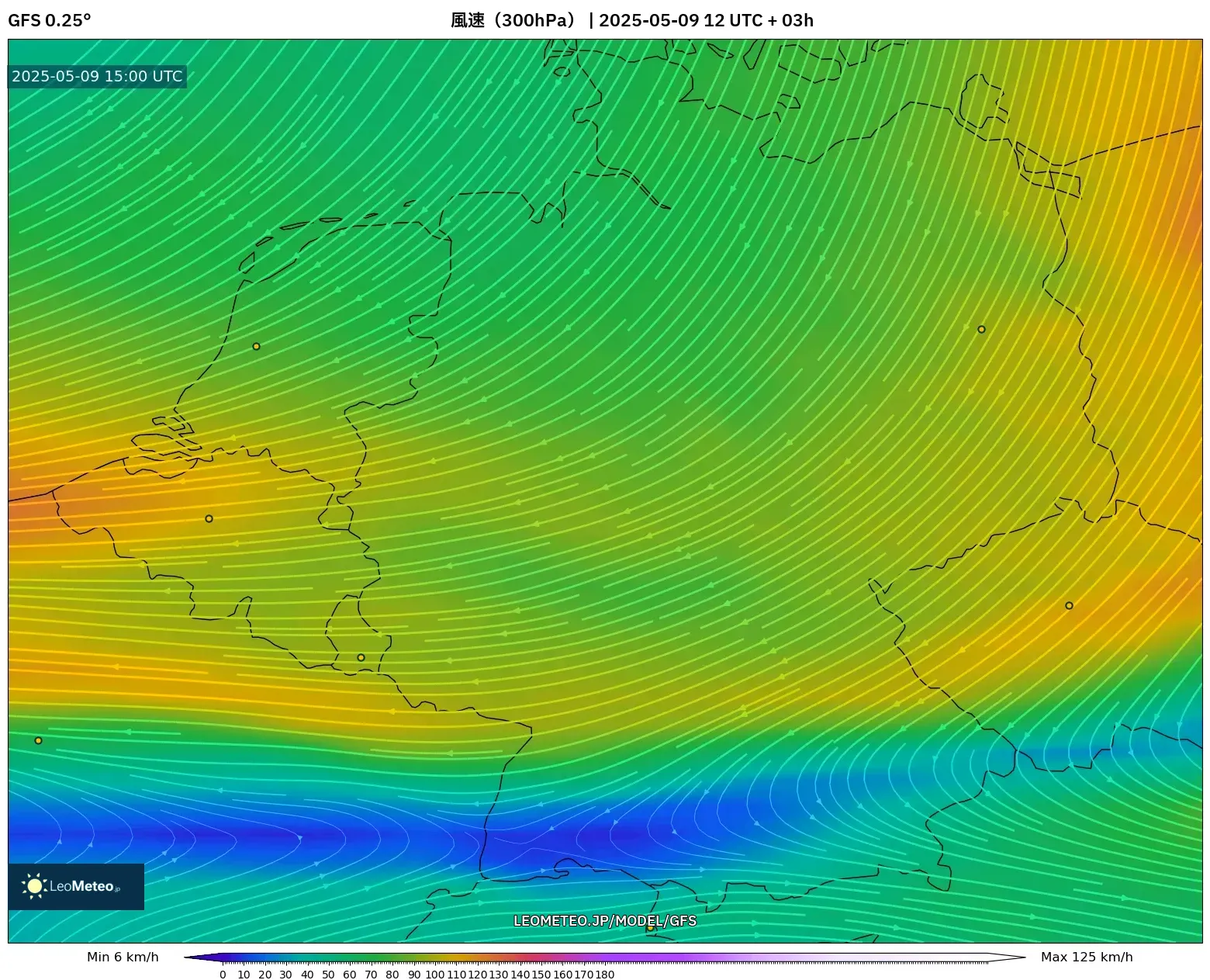 GFS - ドイツ, 風速(300hPa) GFS - ドイツ, 風速(300hPa)