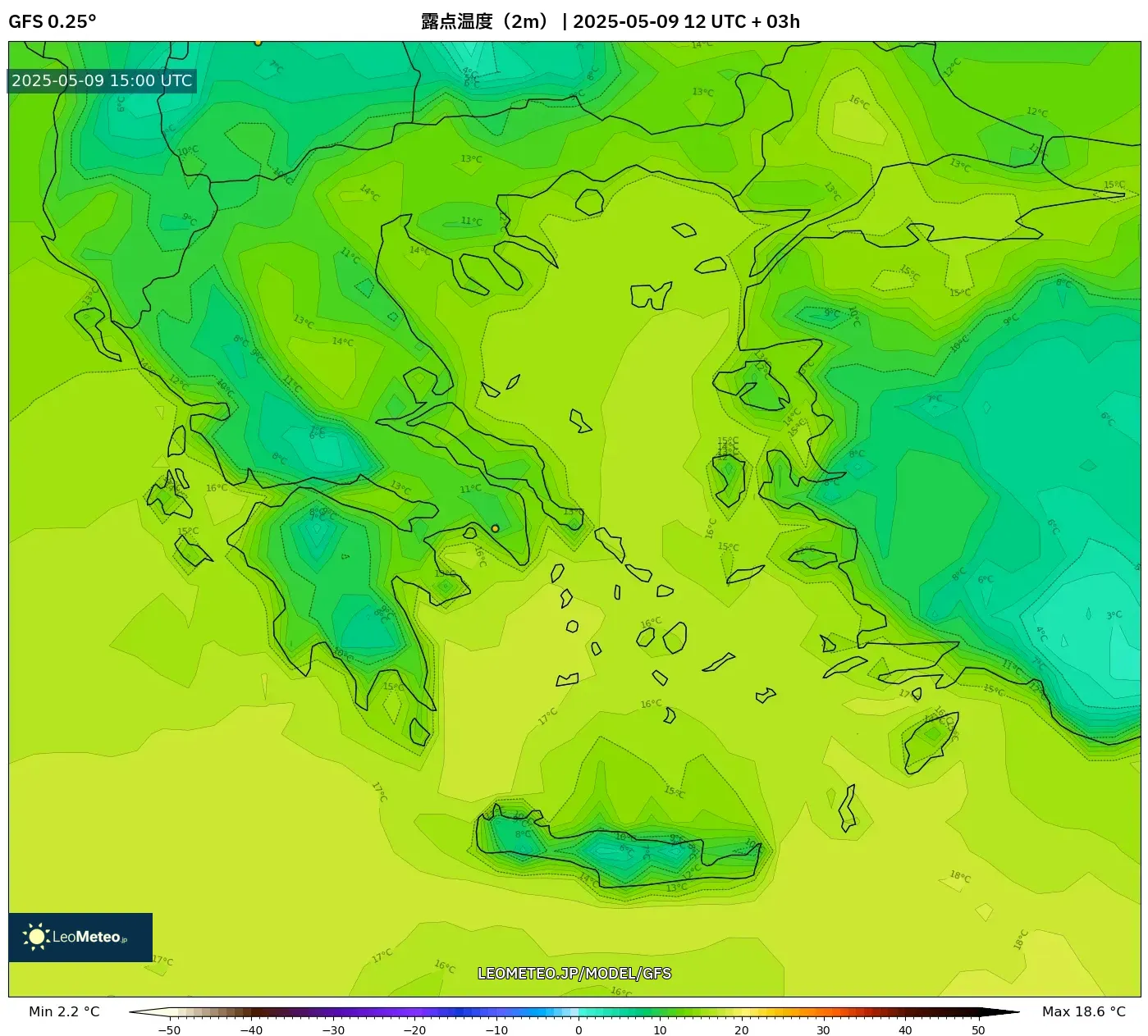 GFS - ギリシャ, 露点温度(2m) GFS - ギリシャ, 露点温度(2m)