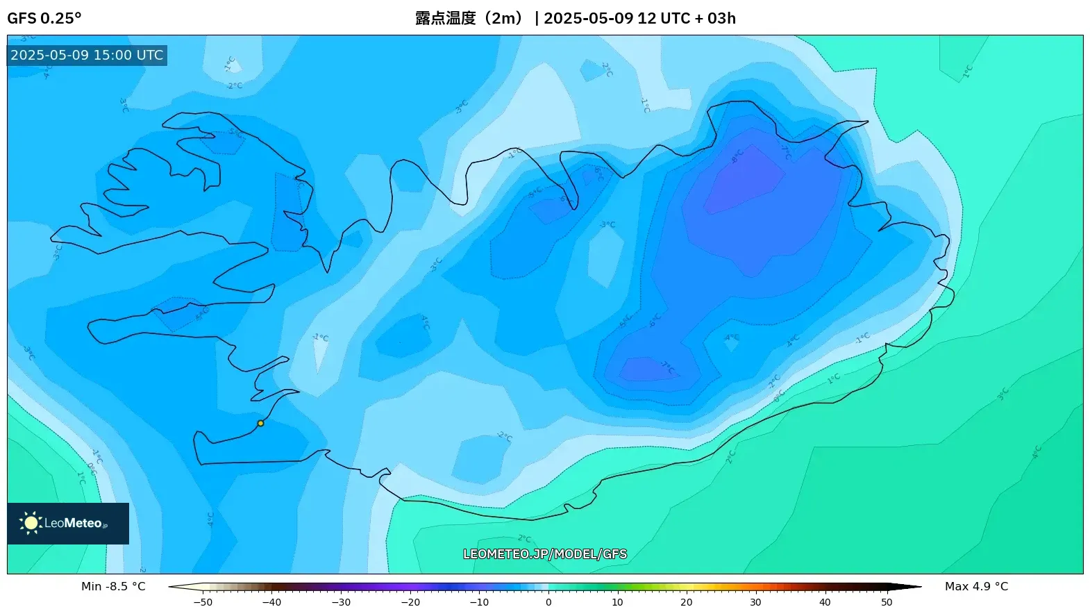 GFS - アイスランド, 露点温度(2m) GFS - アイスランド, 露点温度(2m)
