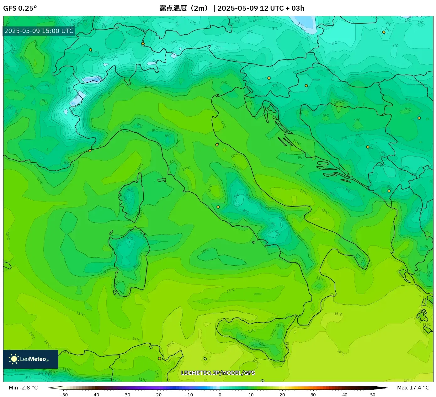 GFS - イタリア, 露点温度(2m) GFS - イタリア, 露点温度(2m)