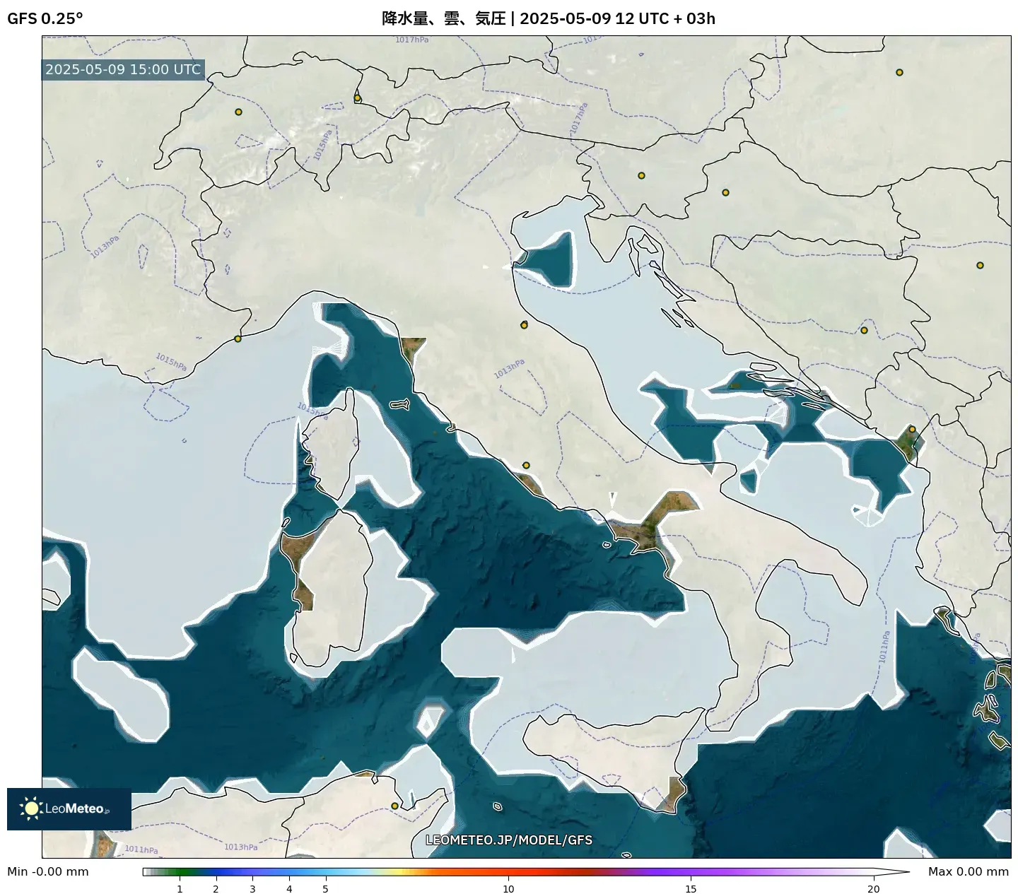 GFS - イタリア, 降水量、雲、気圧 GFS - イタリア, 降水量、雲、気圧