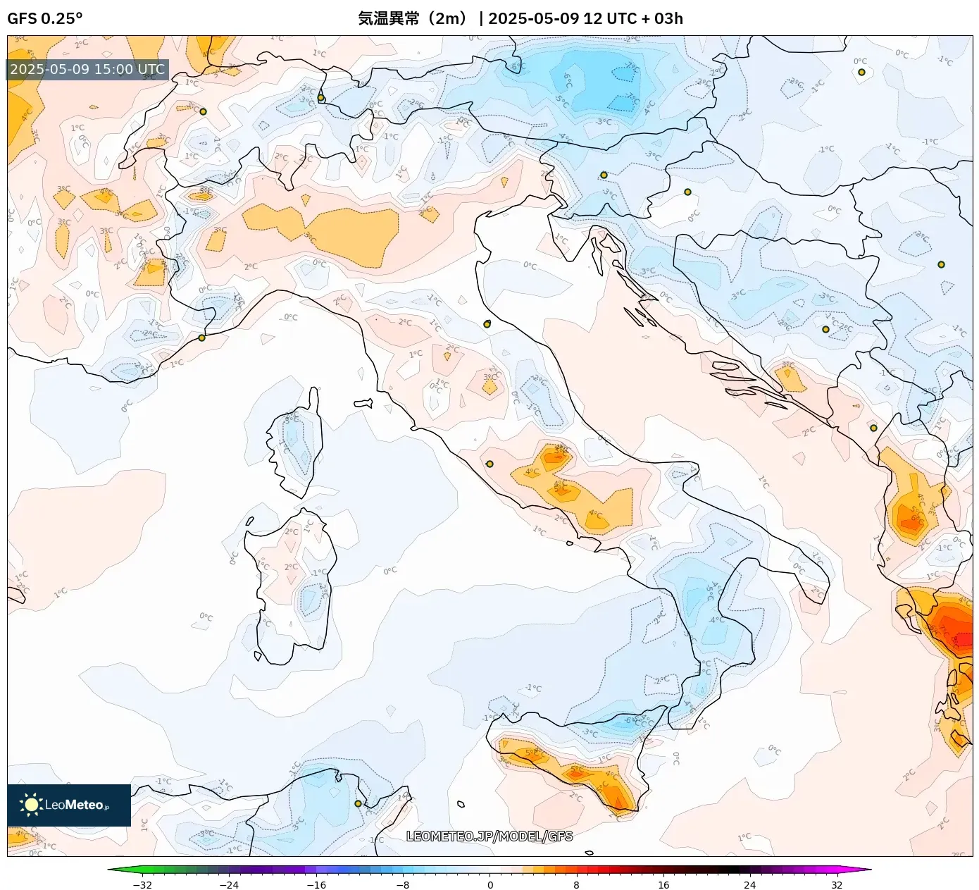 GFS - イタリア, 気温異常(2m) GFS - イタリア, 気温異常(2m)