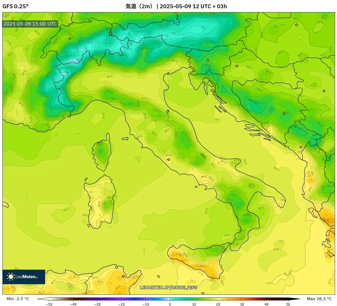 GFS - イタリア, 気温(2m) GFS - イタリア, 気温(2m)