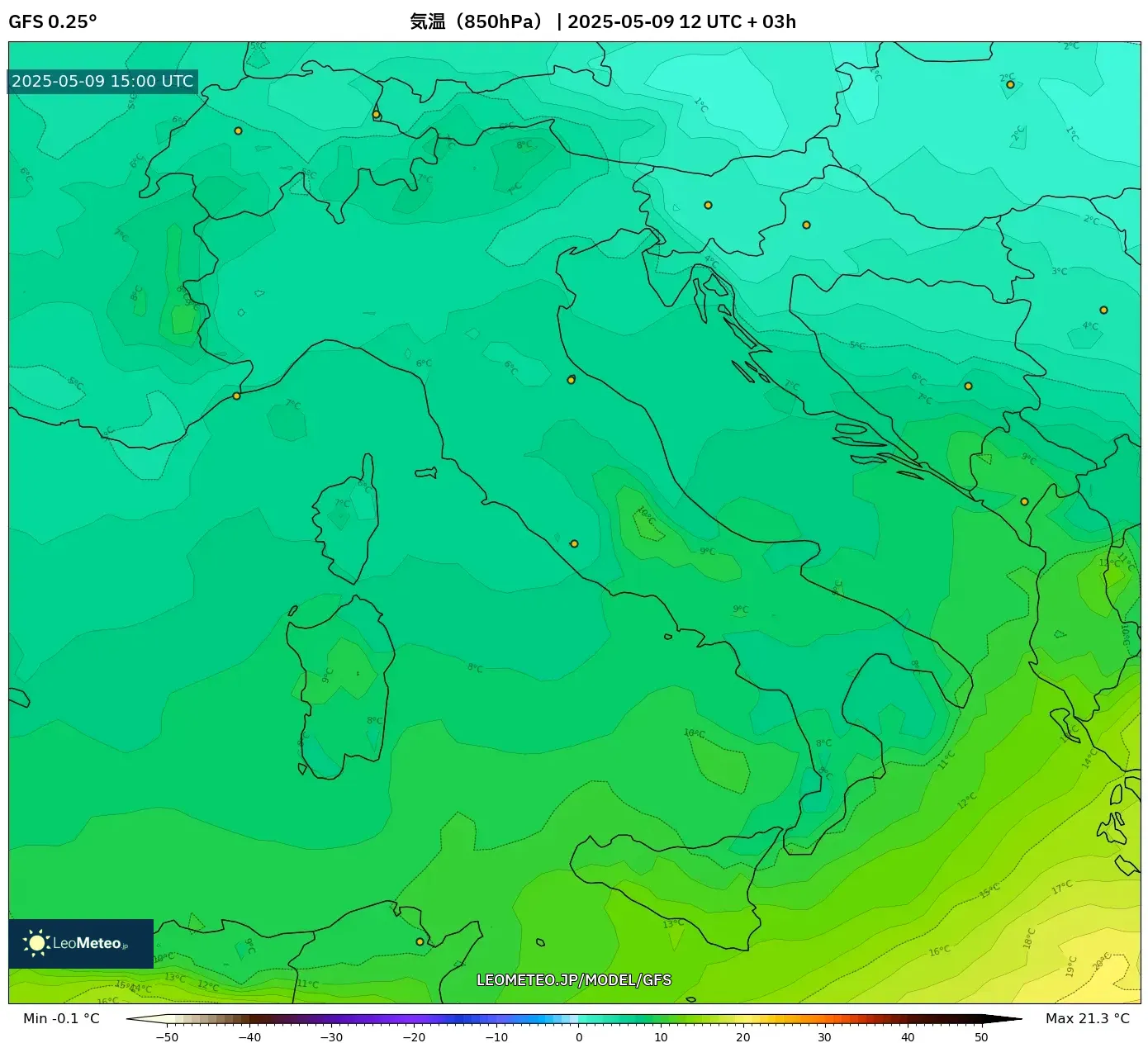 GFS - イタリア, 気温(850hPa) GFS - イタリア, 気温(850hPa)