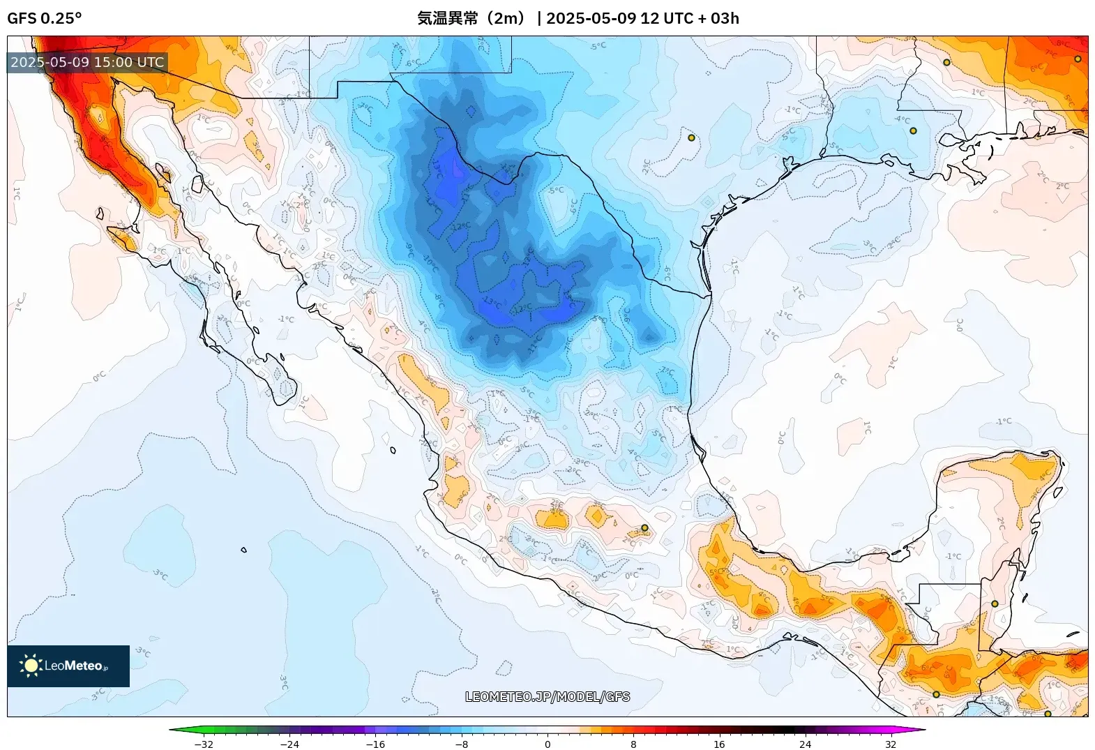 GFS - メキシコ, 気温異常(2m) GFS - メキシコ, 気温異常(2m)