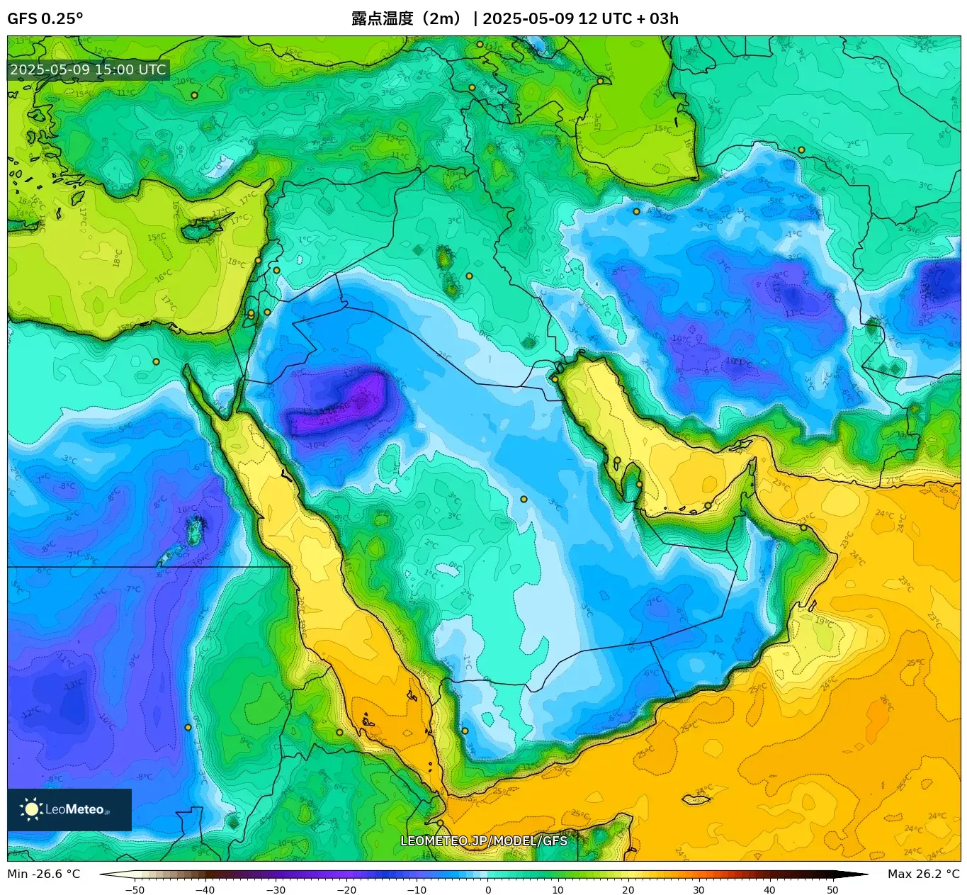 GFS - 中東, 露点温度(2m) GFS - 中東, 露点温度(2m)