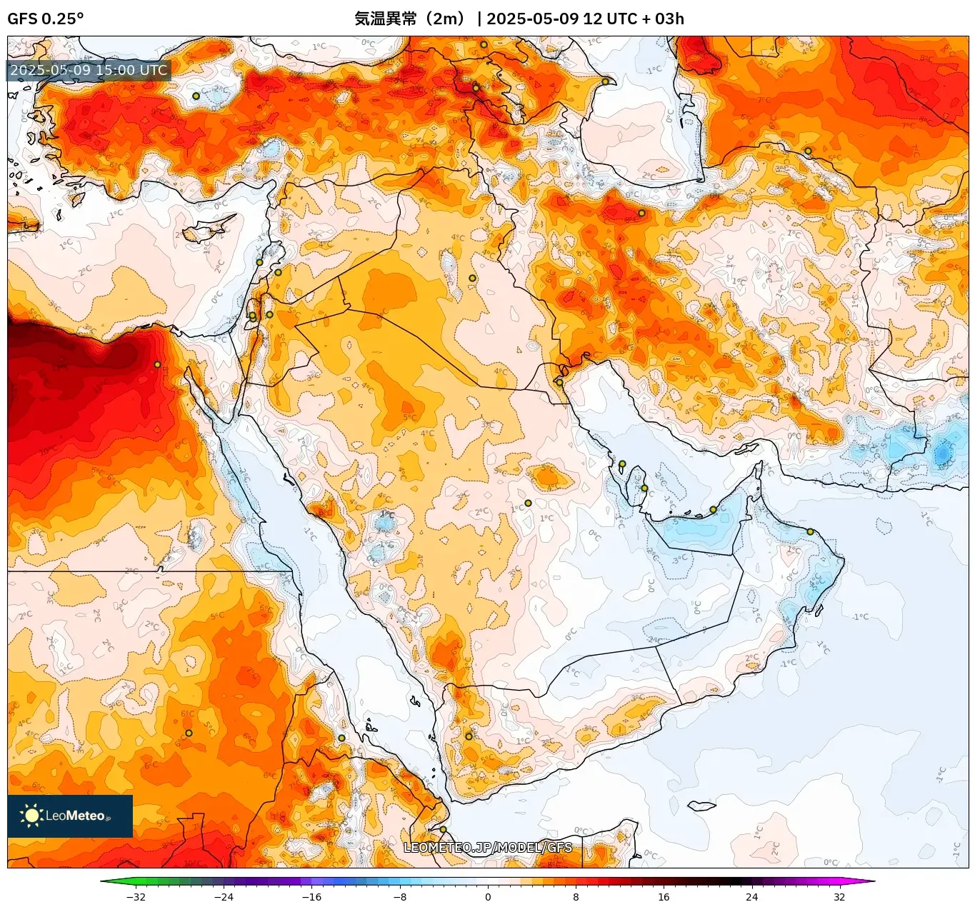 GFS - 中東, 気温異常(2m) GFS - 中東, 気温異常(2m)