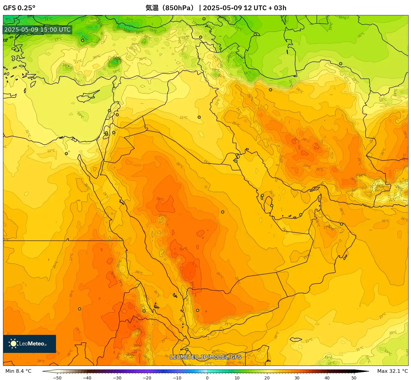 GFS - 中東, 気温(850hPa) GFS - 中東, 気温(850hPa)