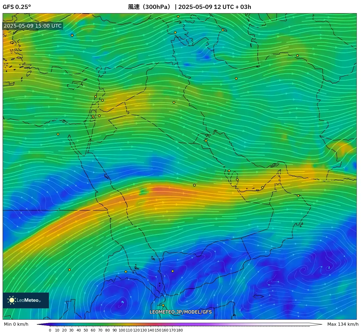 GFS - 中東, 風速(300hPa) GFS - 中東, 風速(300hPa)