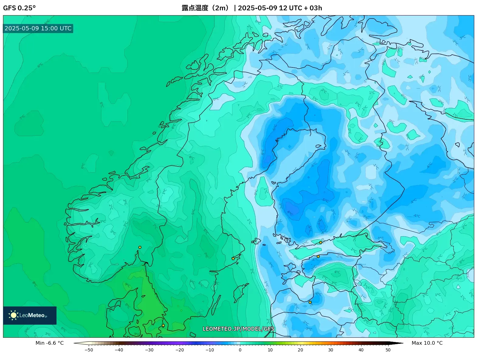 GFS - スカンジナビア, 露点温度(2m) GFS - スカンジナビア, 露点温度(2m)