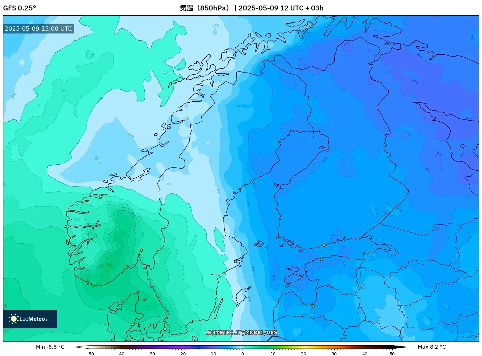 GFS - スカンジナビア, 気温(850hPa) GFS - スカンジナビア, 気温(850hPa)
