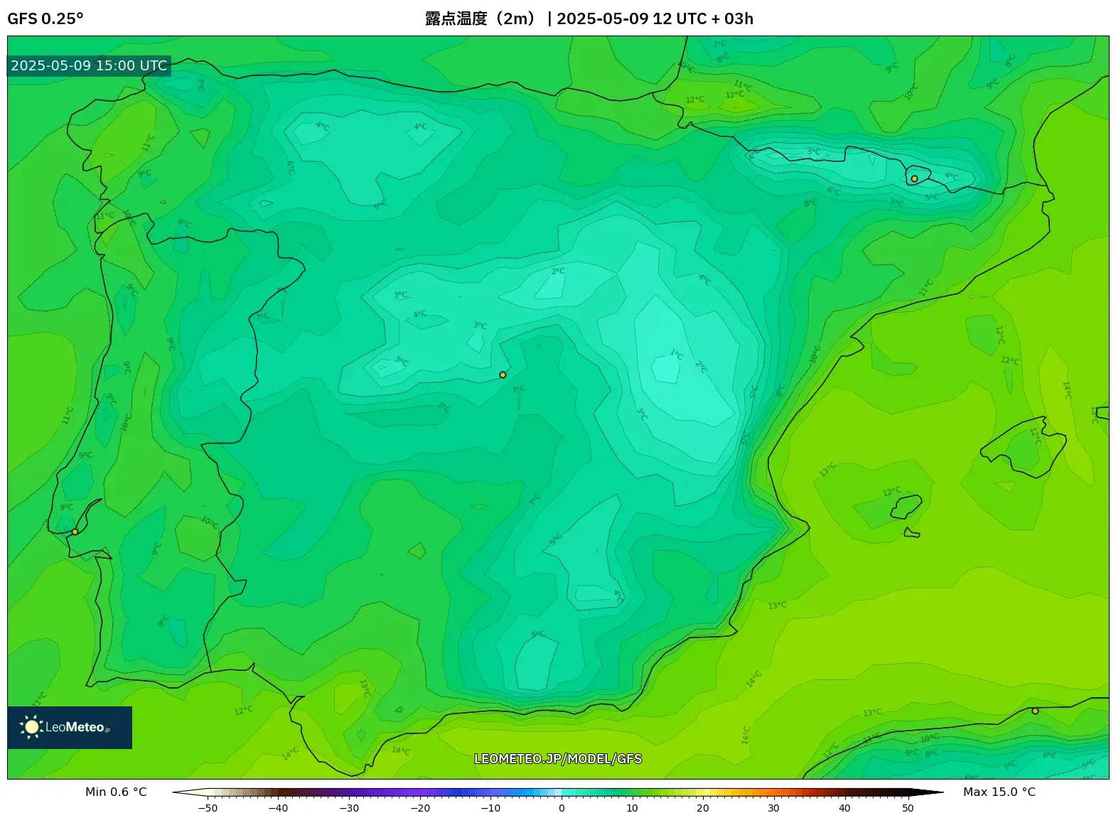 GFS - スペイン, 露点温度(2m) GFS - スペイン, 露点温度(2m)