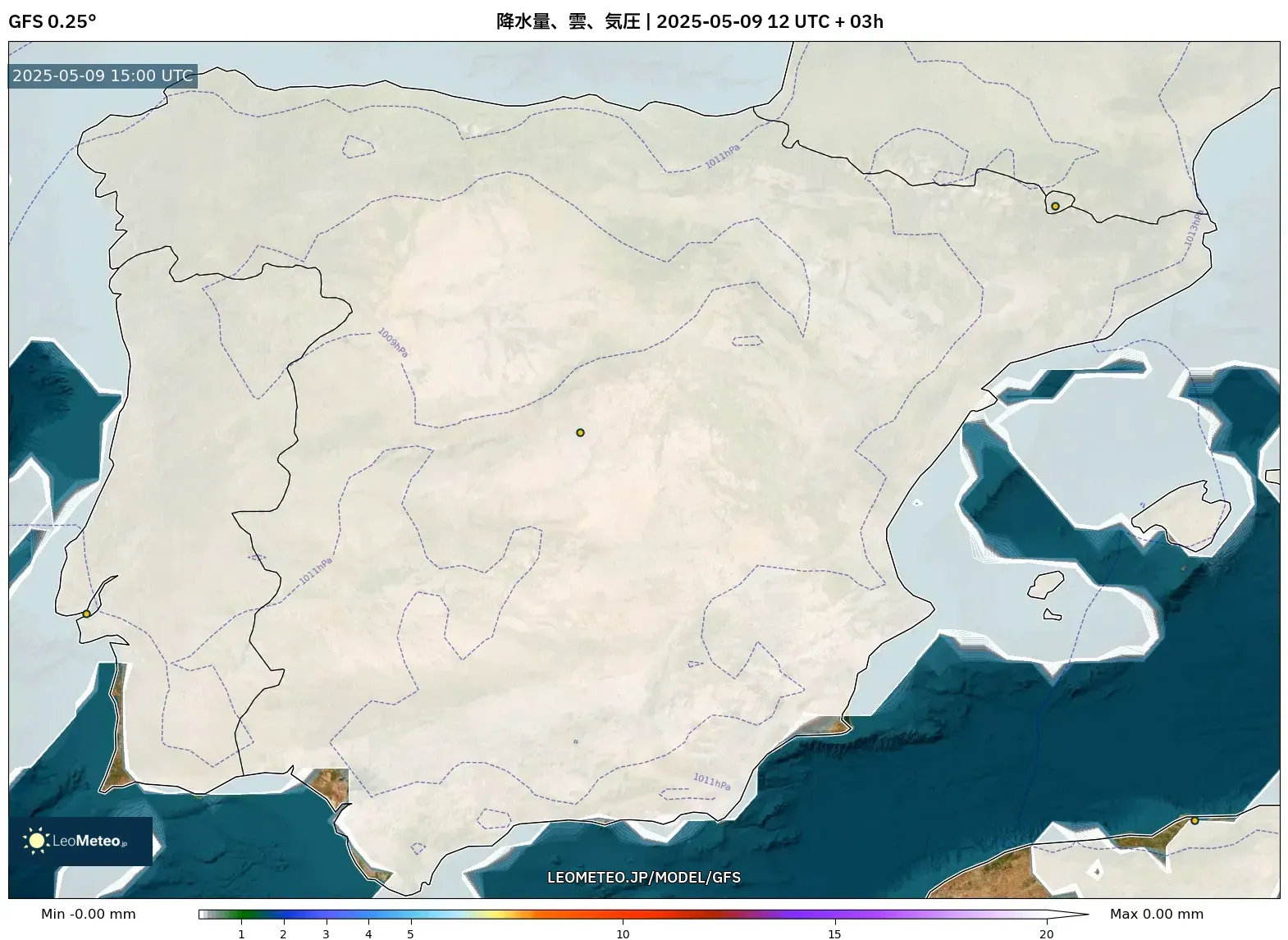 GFS - スペイン, 降水量、雲、気圧 GFS - スペイン, 降水量、雲、気圧