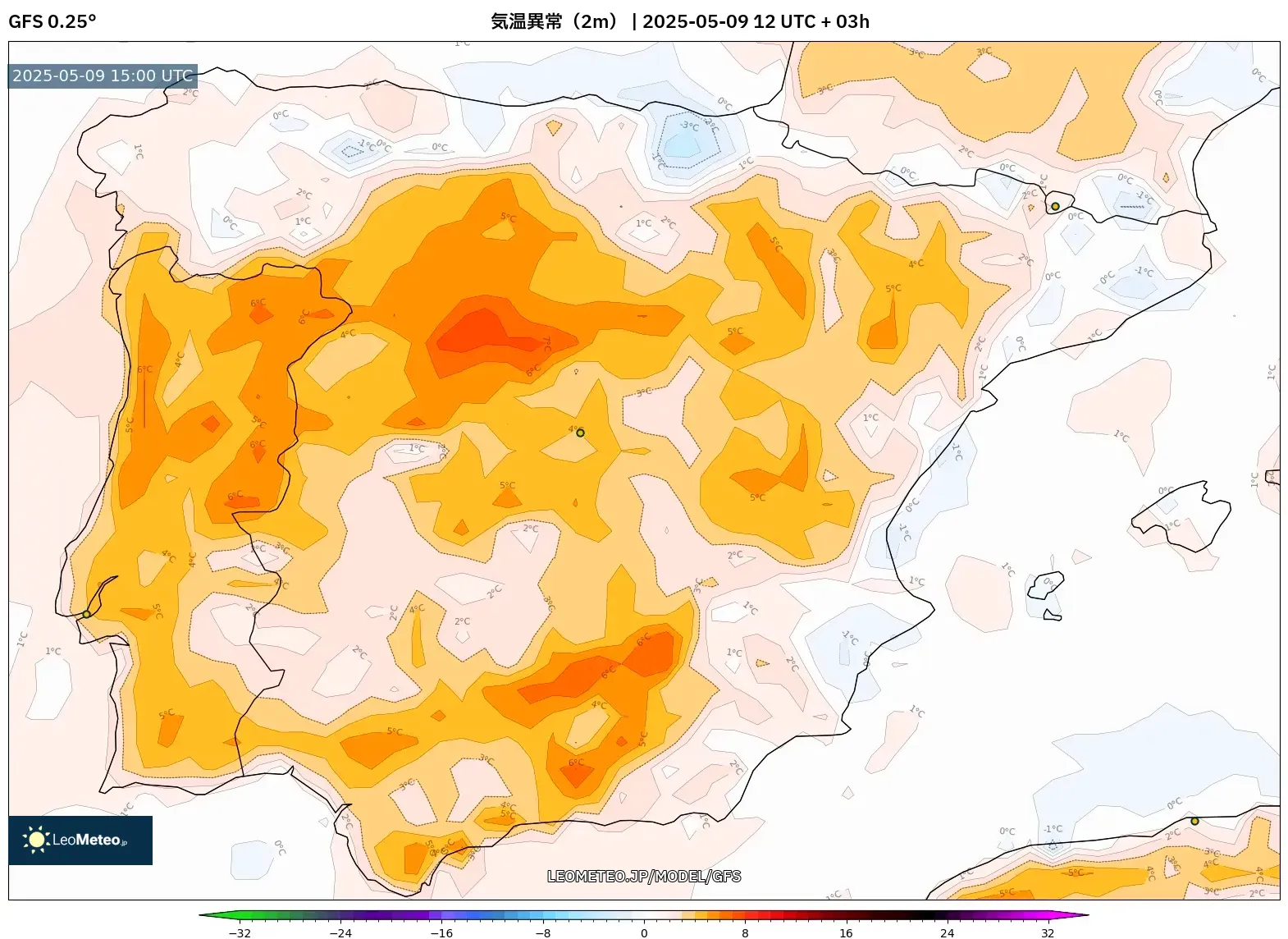 GFS - スペイン, 気温異常(2m) GFS - スペイン, 気温異常(2m)