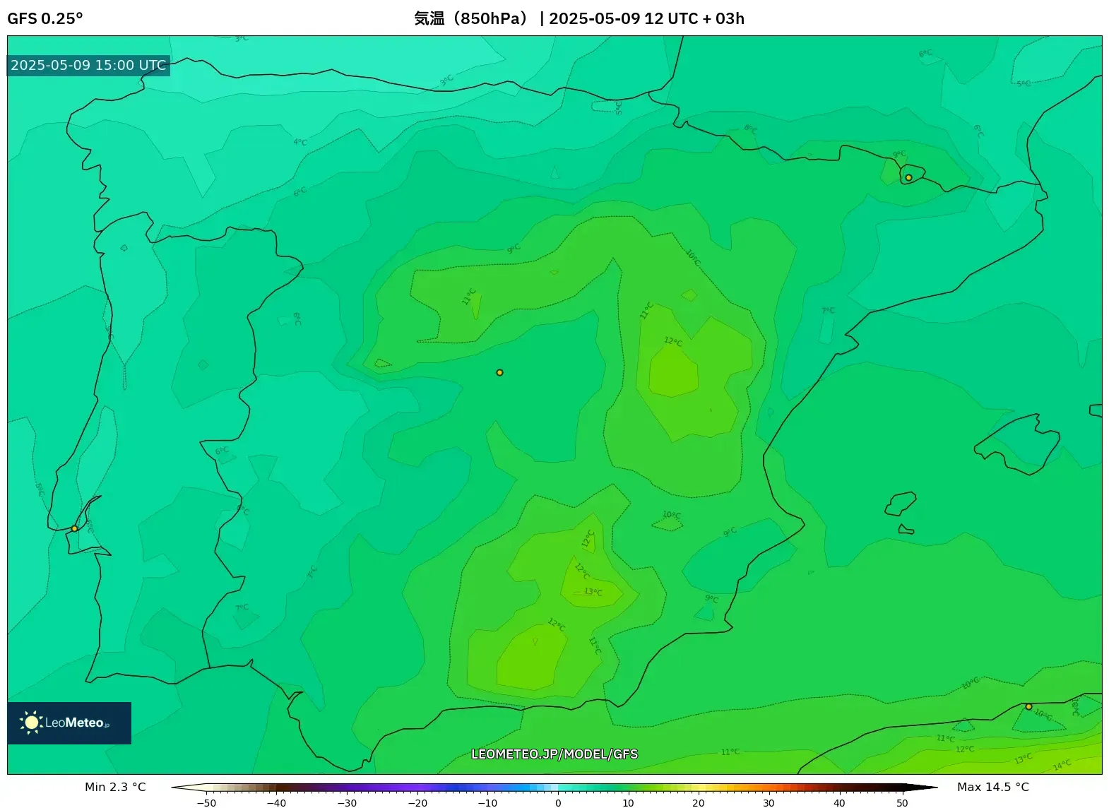 GFS - スペイン, 気温(850hPa) GFS - スペイン, 気温(850hPa)
