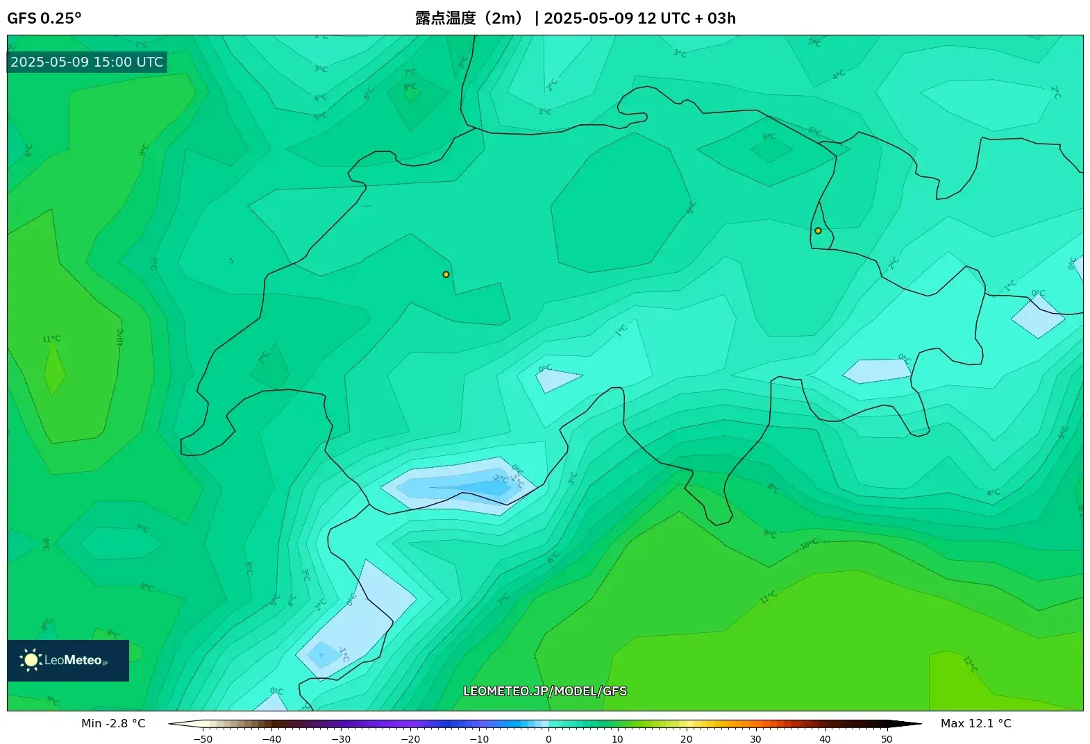 GFS - スイス, 露点温度(2m) GFS - スイス, 露点温度(2m)