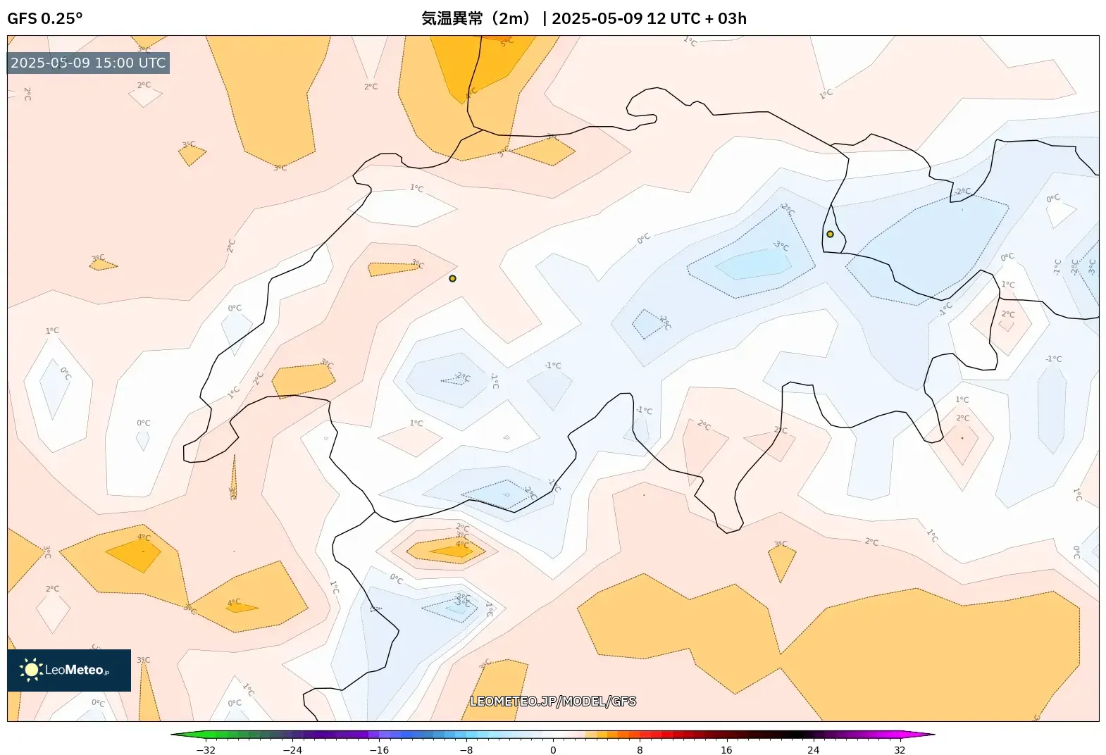 GFS - スイス, 気温異常(2m) GFS - スイス, 気温異常(2m)