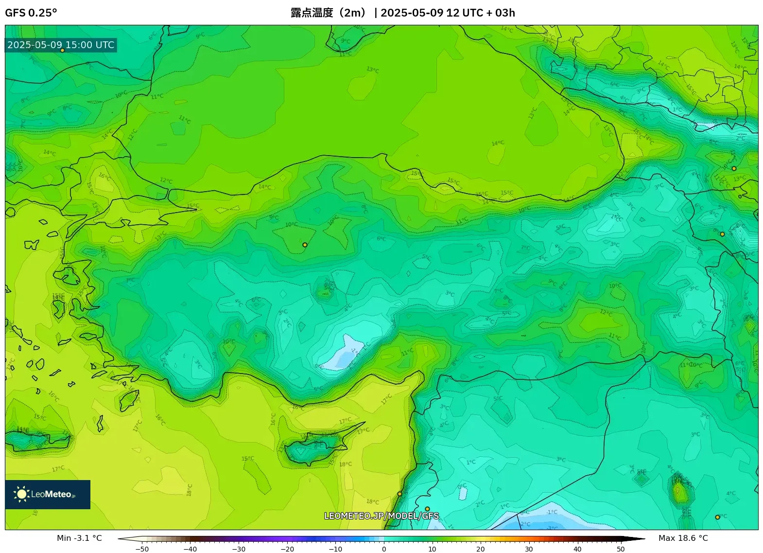 GFS - トルコ, 露点温度(2m) GFS - トルコ, 露点温度(2m)