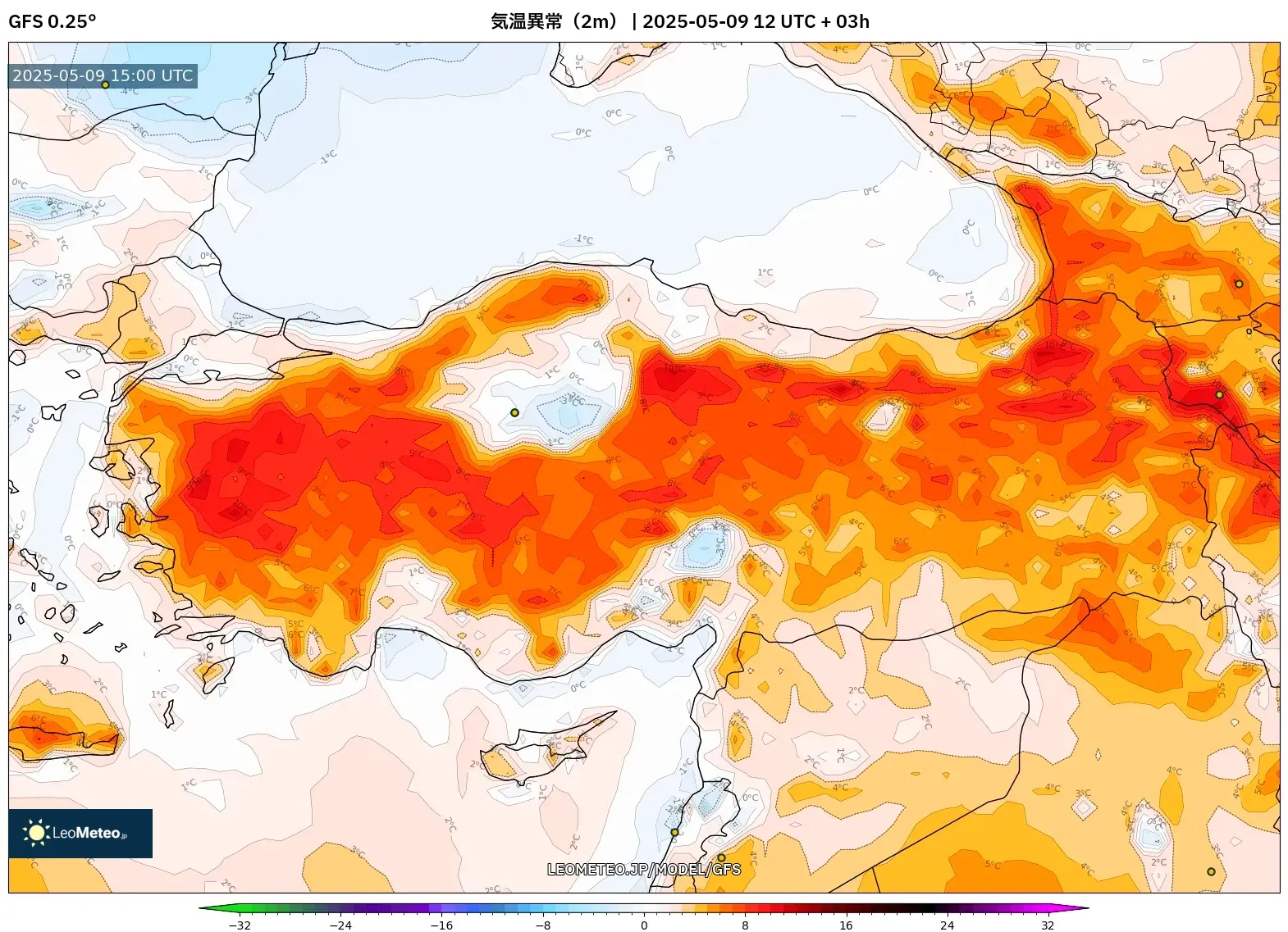 GFS - トルコ, 気温異常(2m) GFS - トルコ, 気温異常(2m)