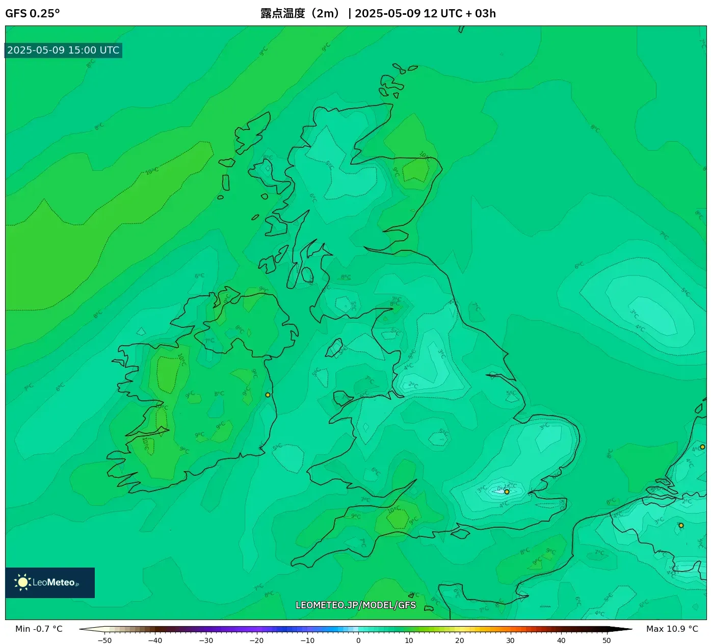 GFS - イギリス, 露点温度(2m) GFS - イギリス, 露点温度(2m)