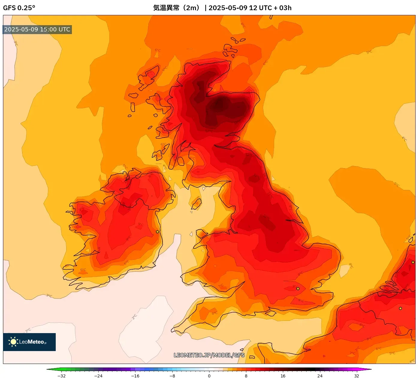 GFS - イギリス, 気温異常(2m) GFS - イギリス, 気温異常(2m)