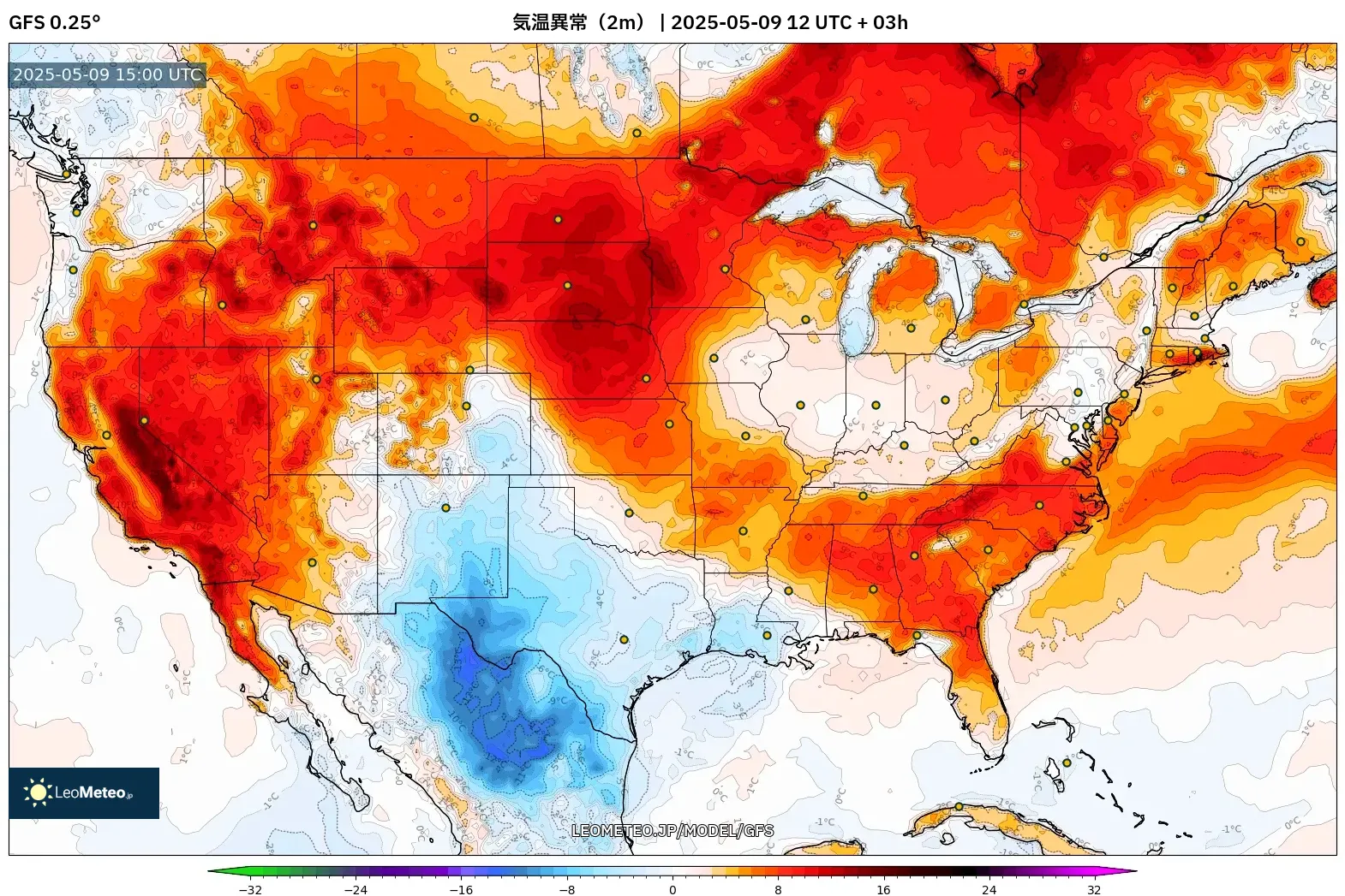 GFS - アメリカ合衆国, 気温異常(2m) GFS - アメリカ合衆国, 気温異常(2m)
