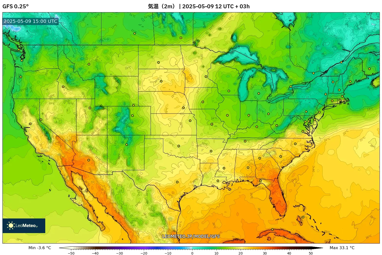 GFS - アメリカ合衆国, 気温(2m) GFS - アメリカ合衆国, 気温(2m)