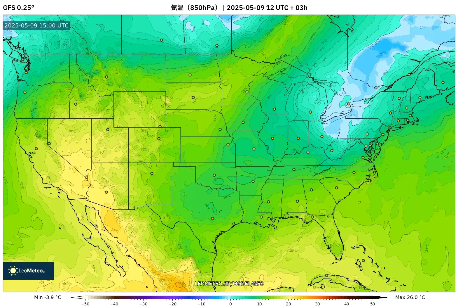 GFS - アメリカ合衆国, 気温(850hPa) GFS - アメリカ合衆国, 気温(850hPa)