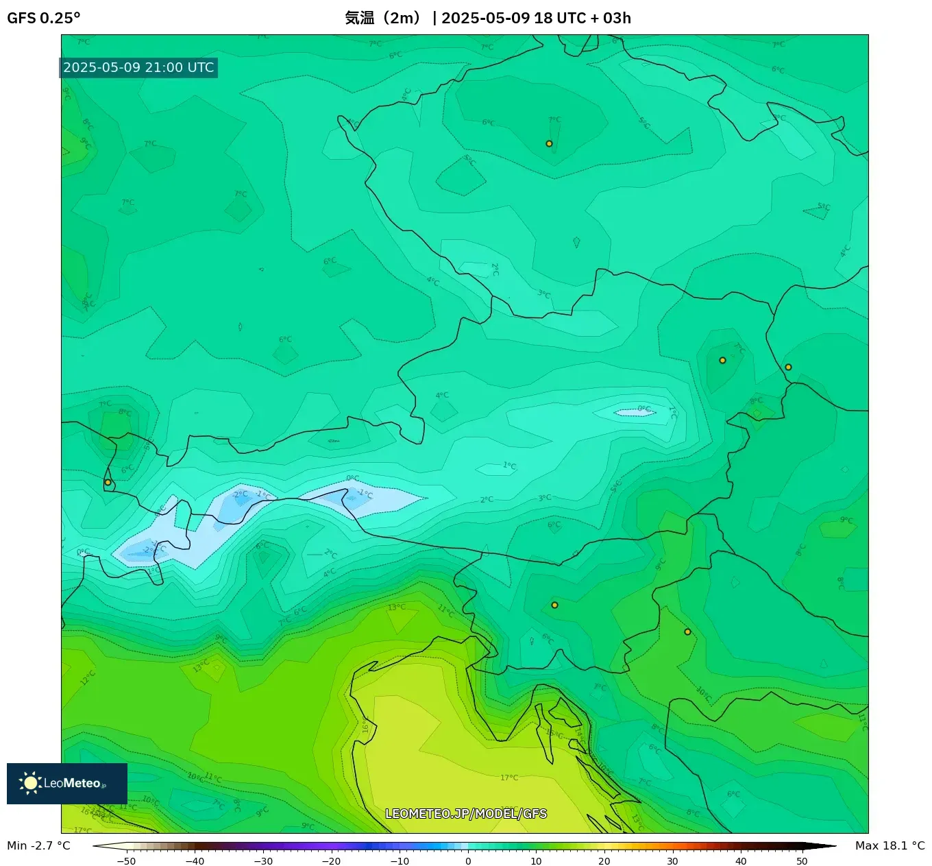 GFS - オーストリア, 気温(2m) GFS - オーストリア, 気温(2m)