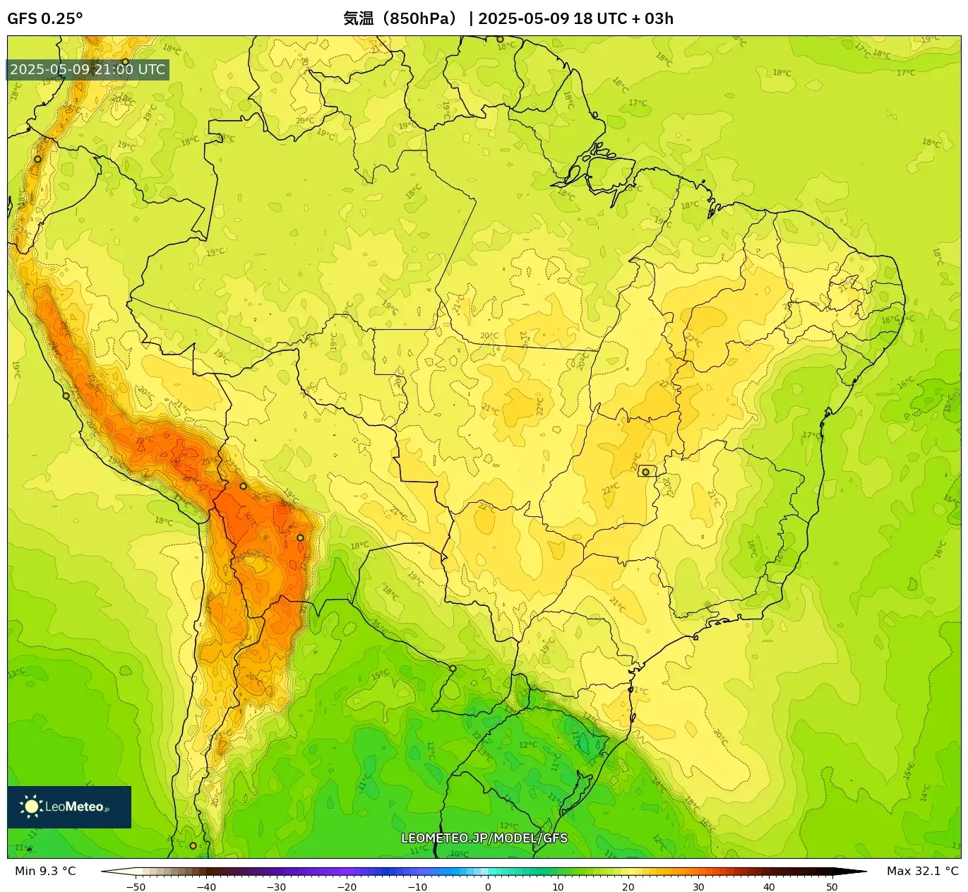 GFS - ブラジル, 気温(850hPa) GFS - ブラジル, 気温(850hPa)