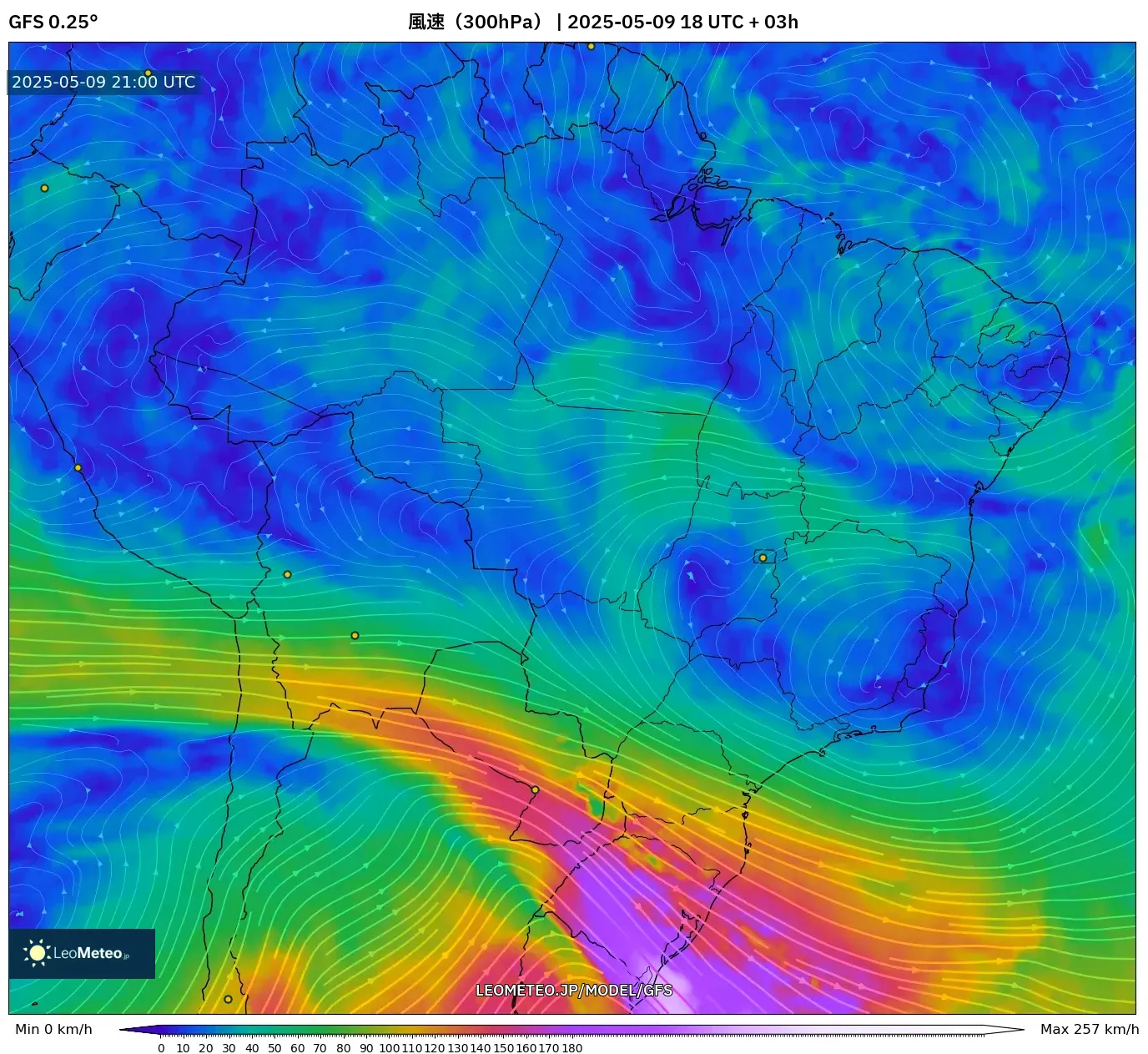 GFS - ブラジル, 風速(300hPa) GFS - ブラジル, 風速(300hPa)