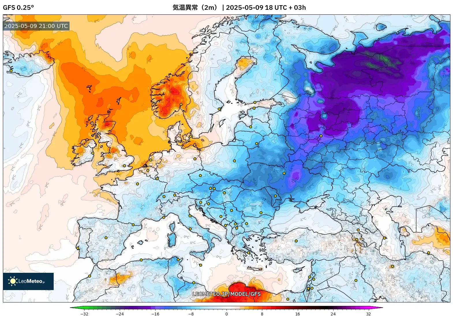 GFS - ヨーロッパ, 気温異常（2m）