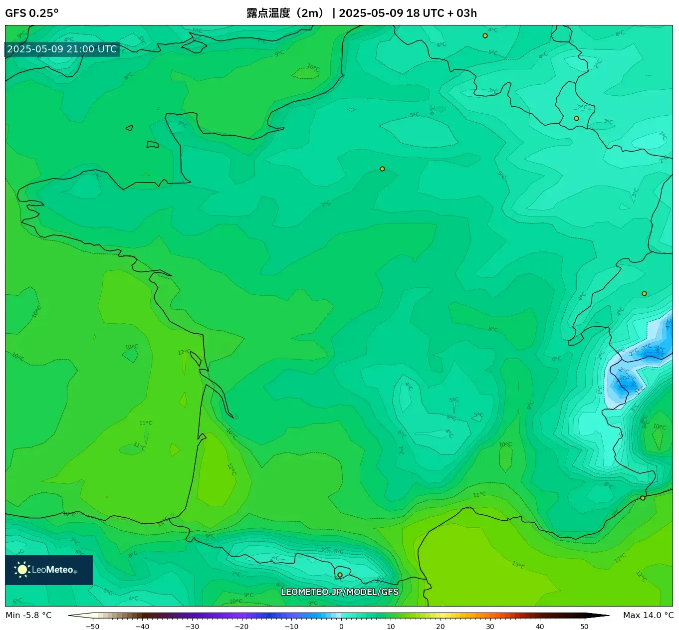 GFS - フランス, 露点温度(2m) GFS - フランス, 露点温度(2m)