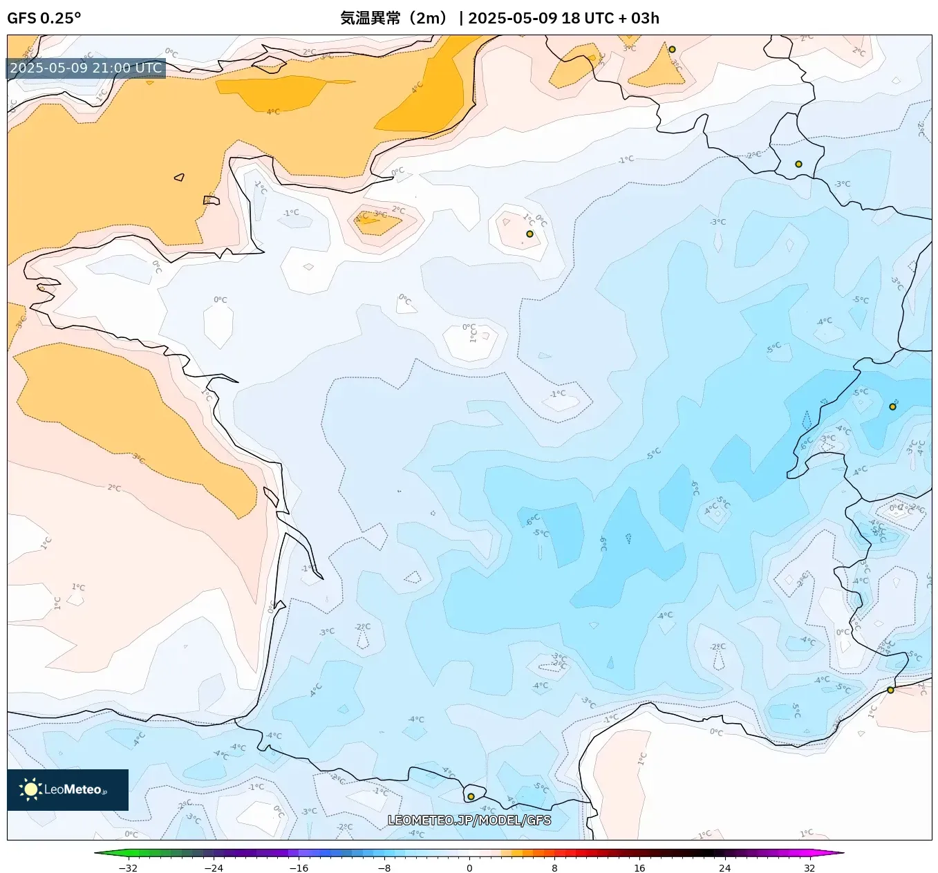 GFS - フランス, 気温異常(2m) GFS - フランス, 気温異常(2m)